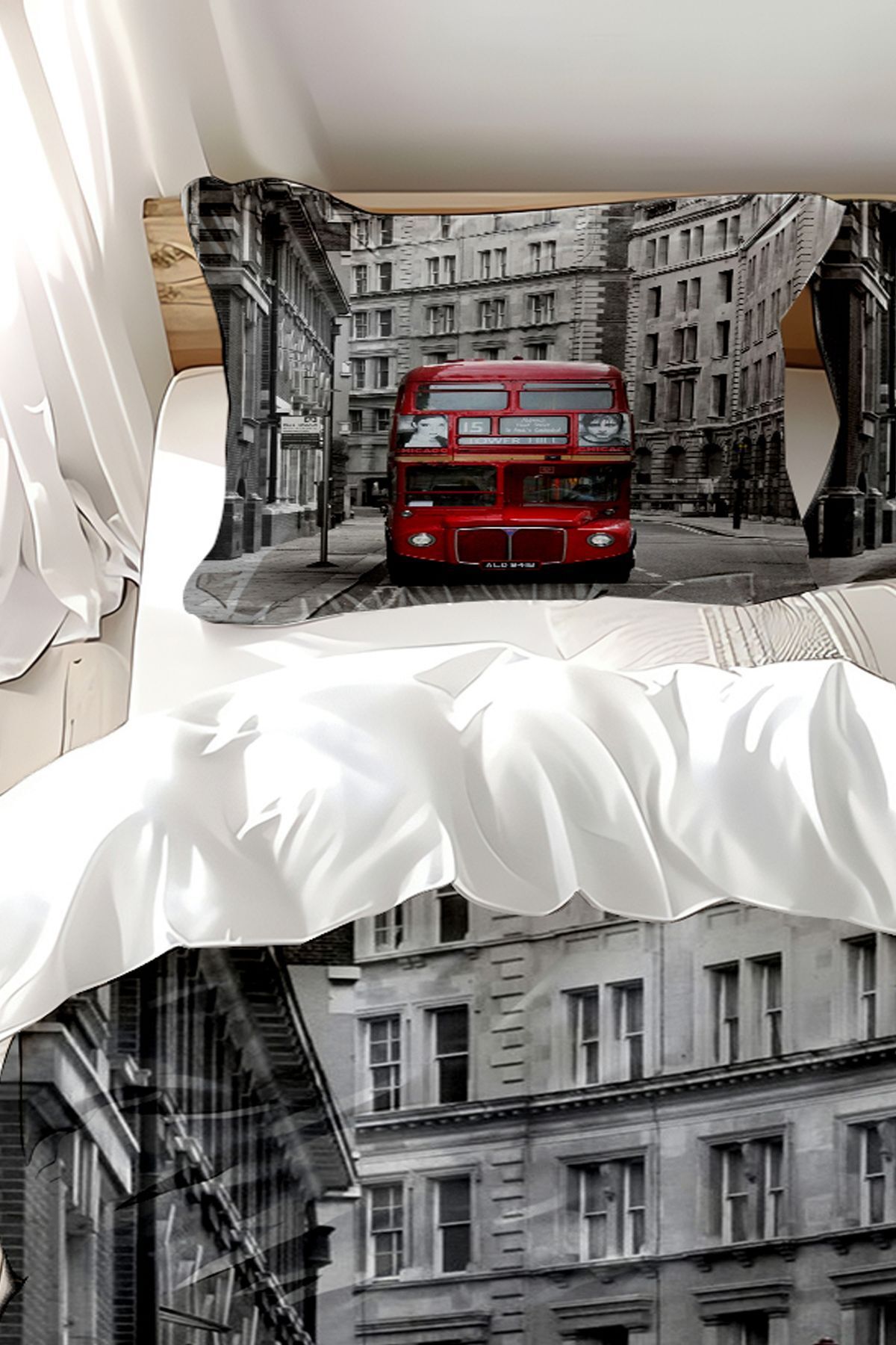 3D ELSE HALI-Bus Patterned Red Cotton Satin Double Duvet Cover Set 3