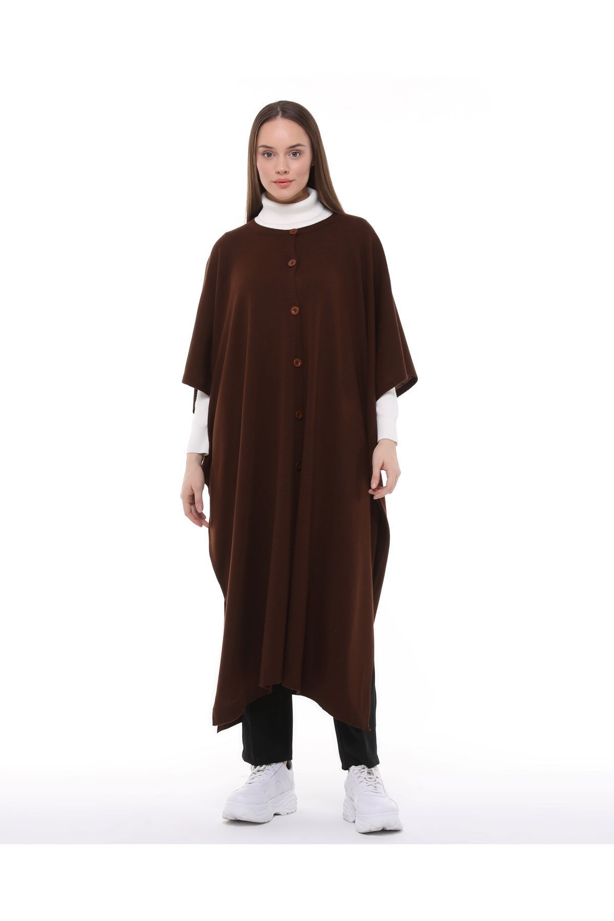 ilmek Kadın Kahverengi Düğmeli Uzun Salaş Kışlık Triko Panço