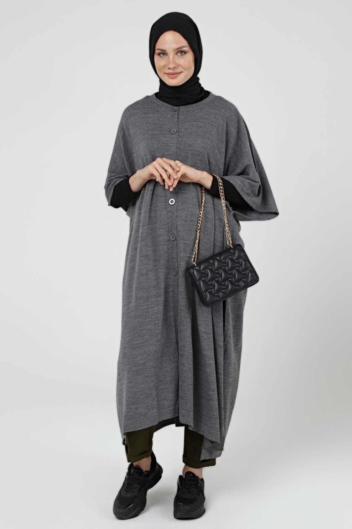 ilmek Kadın Düğmeli Uzun Salaş Kışlık Triko Panço 4253