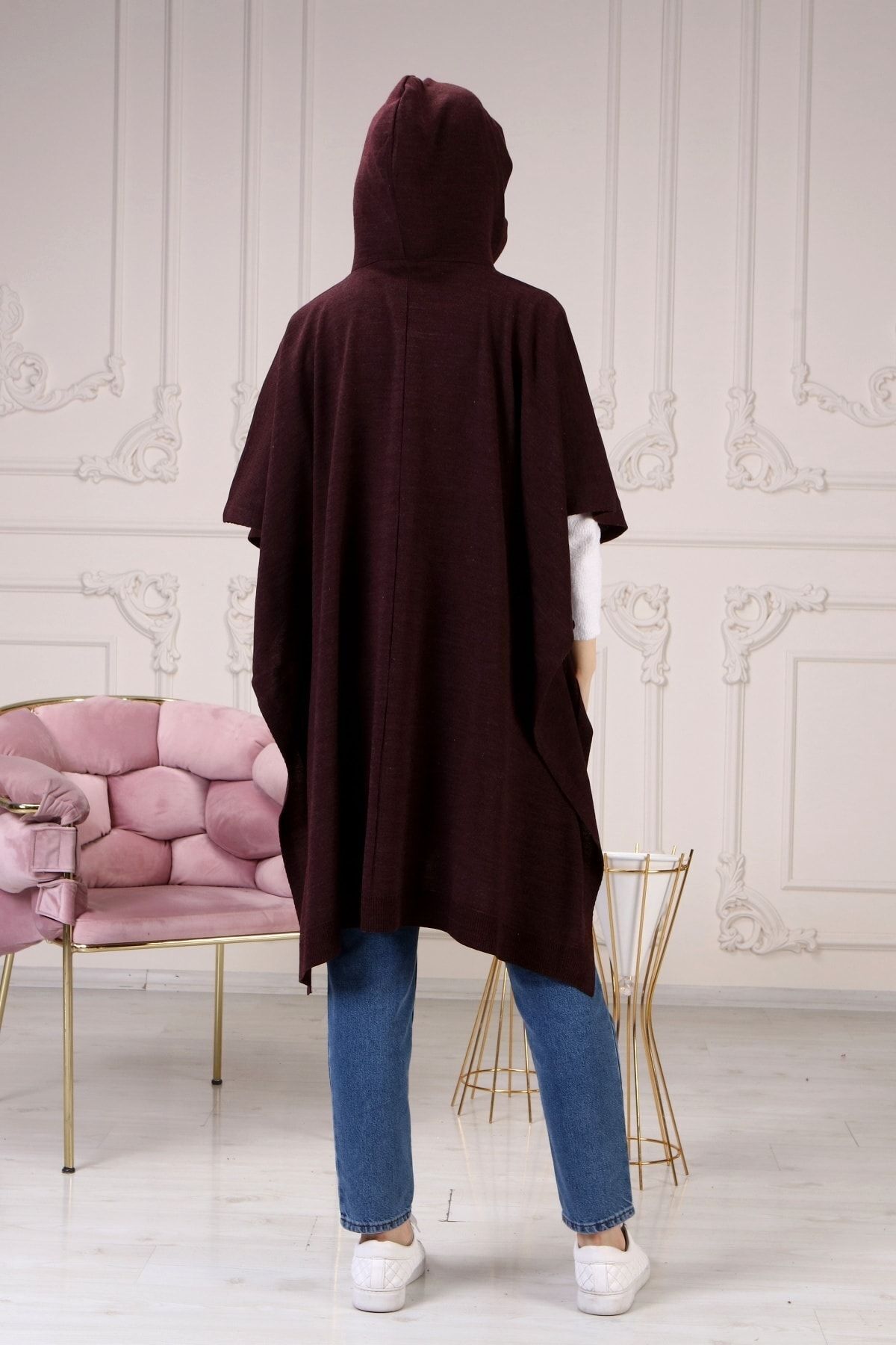 ilmek-Poncho de damă din tricot subțire cu glugă și dantelă laterală 5