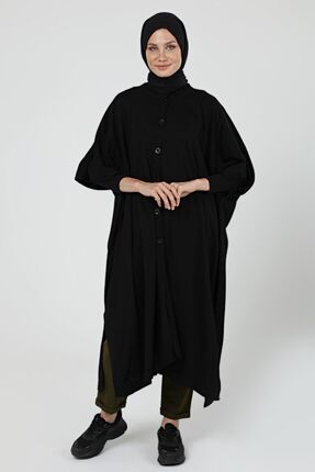 ilmek Kadın Düğmeli Uzun Salaş Kışlık Triko Panço 4253