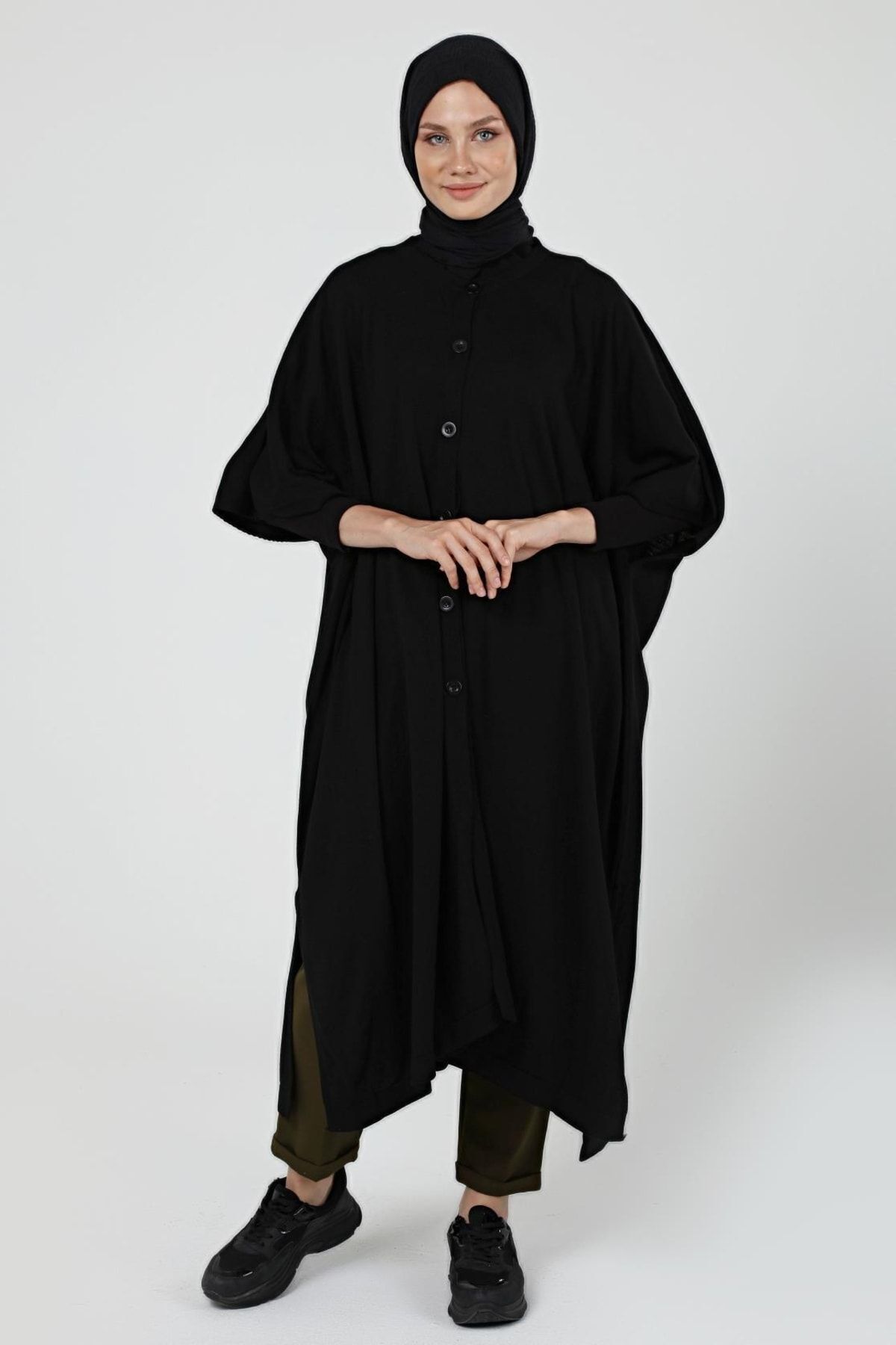 ilmek Kadın Düğmeli Uzun Salaş Kışlık Triko Panço 4253