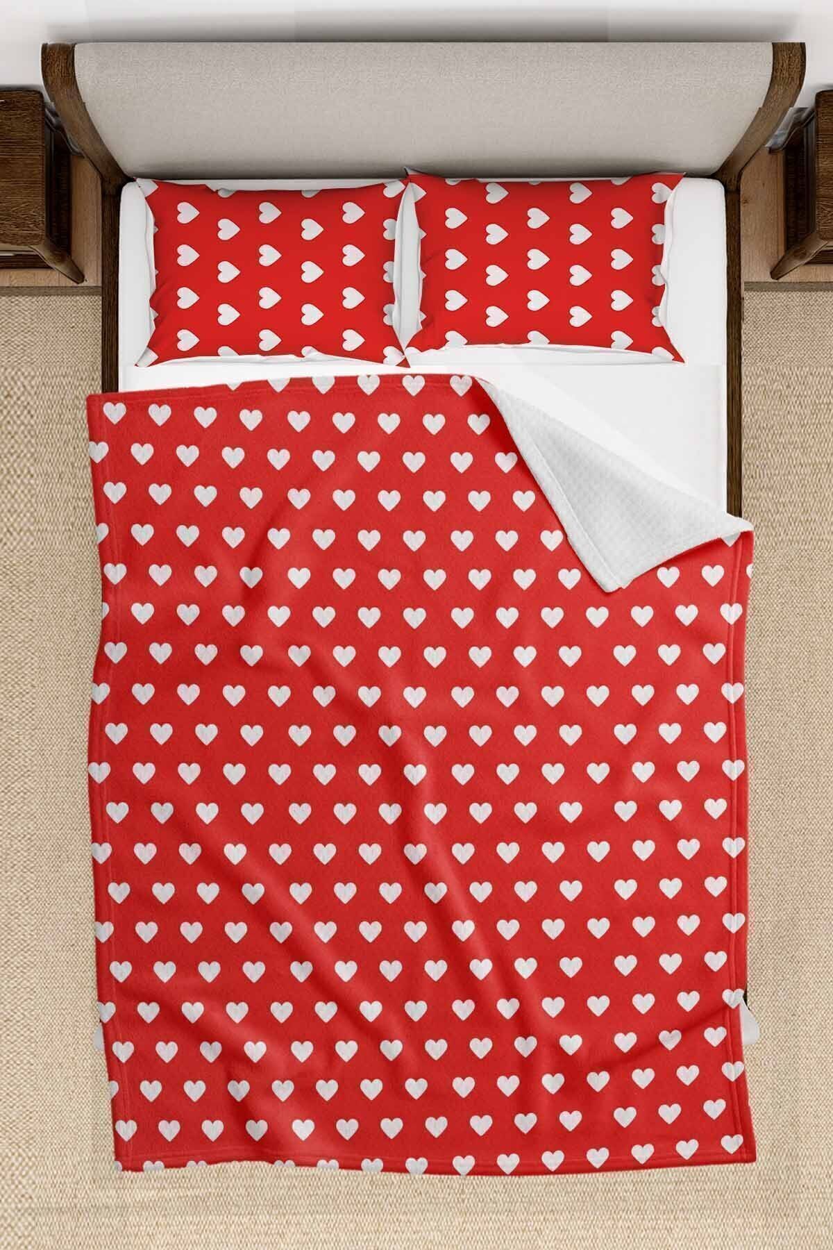 3D ELSE HALI-Red Heart Patterned Double Pillowed Printed Bedspread Pique Set 200x220cm 1
