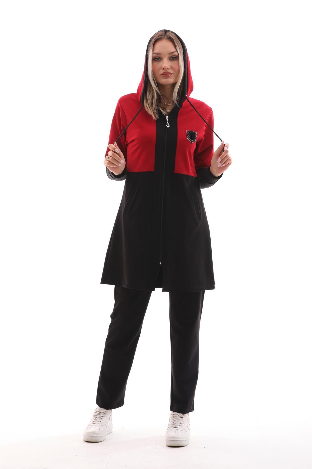 WestBound-Claret Red Hijab Tracksuit Set - Casual and Emblem Color Block 3