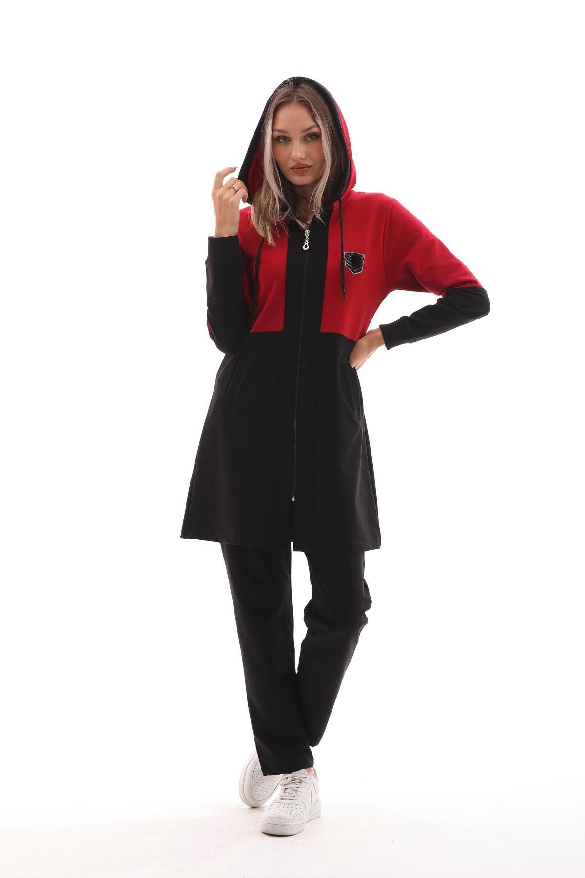 WestBound-Claret Red Hijab Tracksuit Set - Casual and Emblem Color Block 4