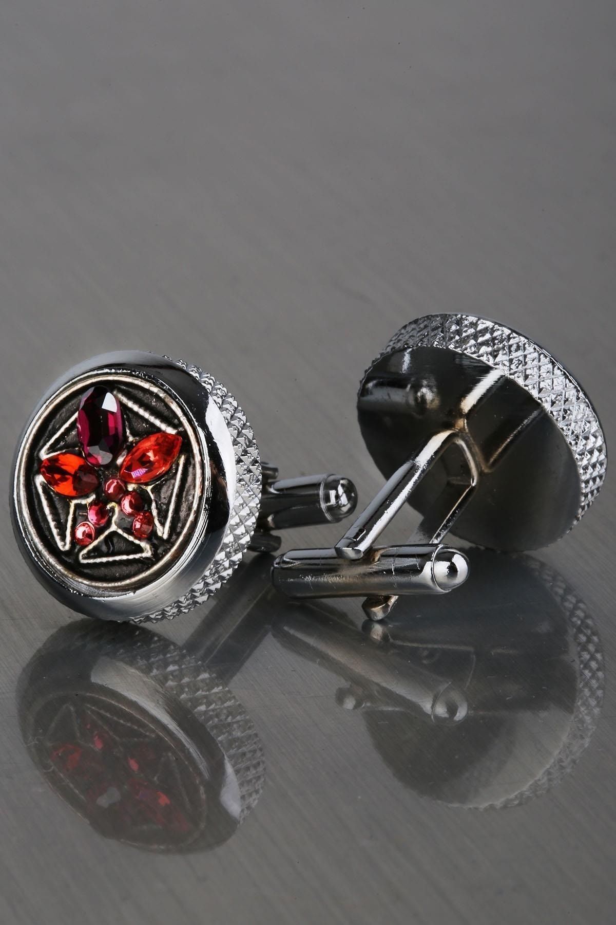  دکمه سرآستین مردانه نقره‌ای با سنگ‌های نارنجی و صورتی KD1225