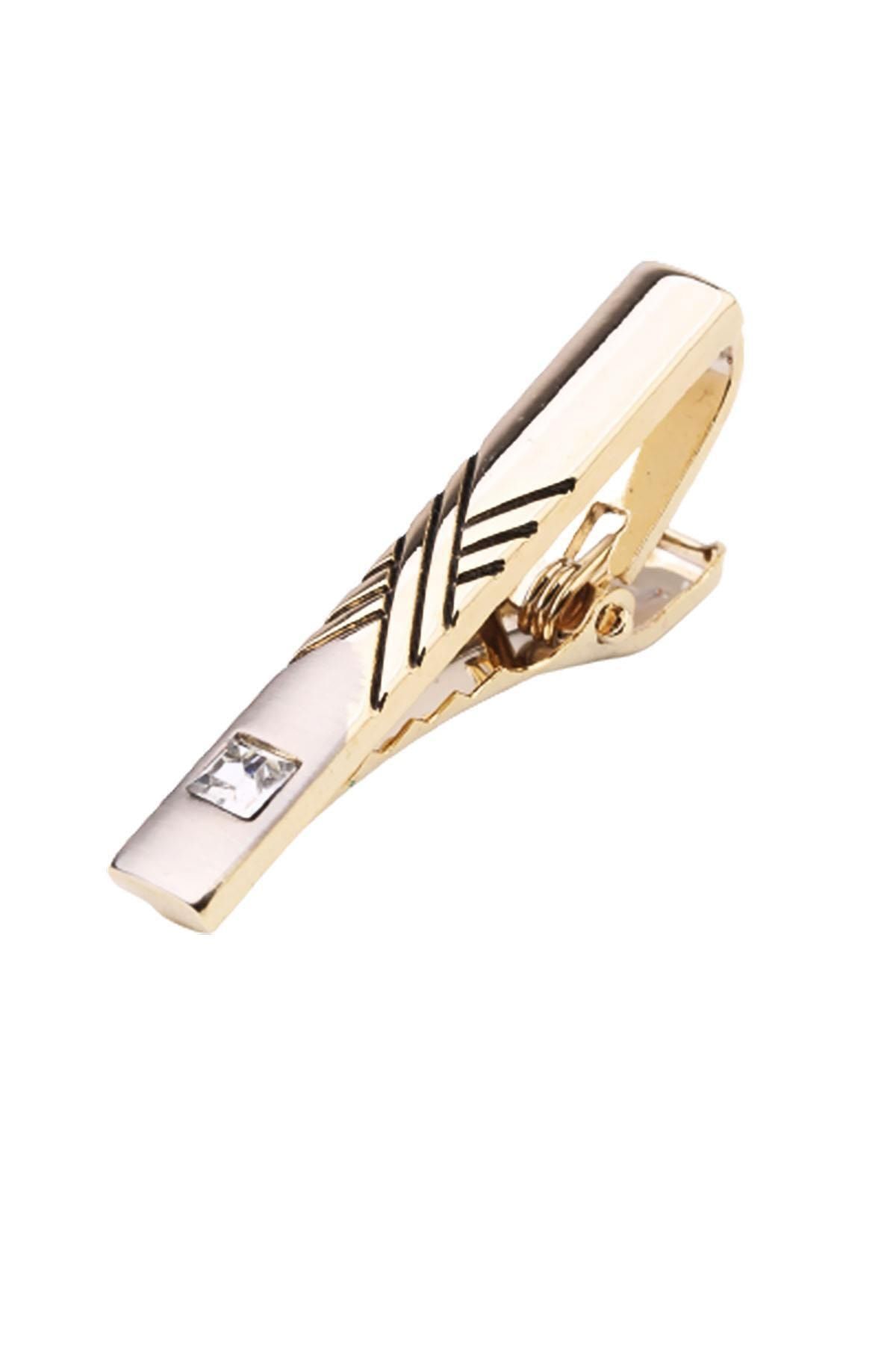 Kravatkolik Gold Renk Beyaz Taşlı Yarı Mat Kravat Iğnesi Kıy588