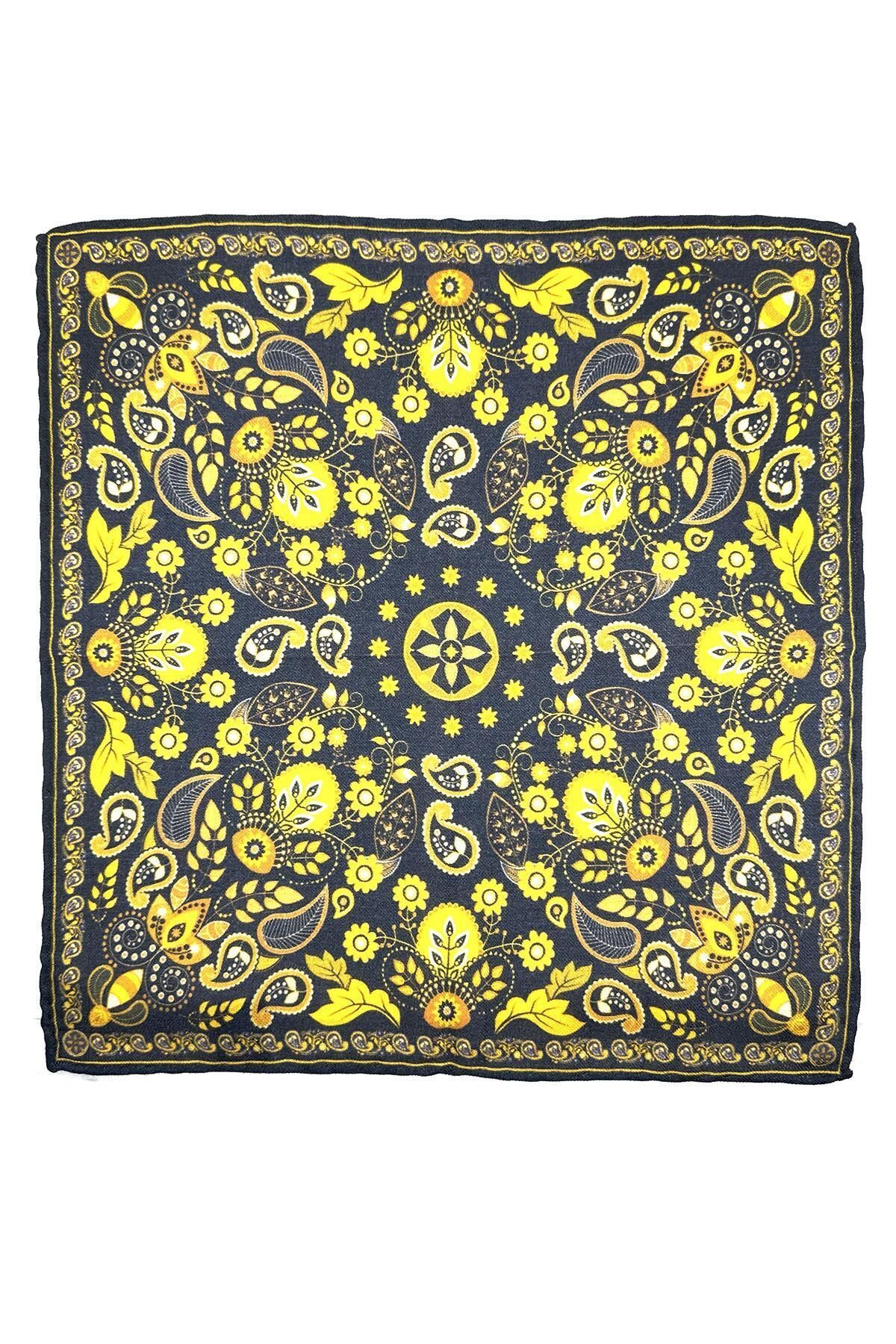  دستمال جیبی پشمی ایتالیایی دست دوز زرد سرمه‌ای WL14