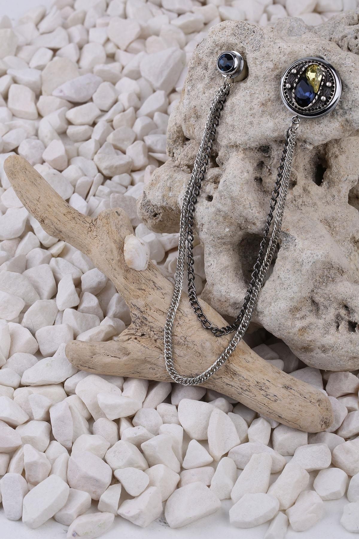  سنجاق سینه زنجیری کریستالی زرد و آبی سرمه‌ای YI207