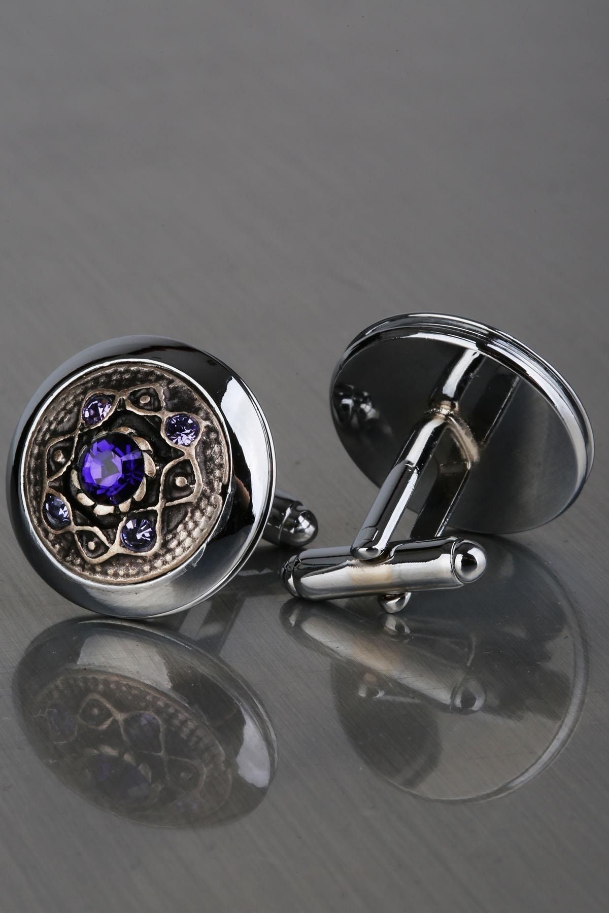 دکمه سرآستین نقره‌ای با سنگ‌های بنفش