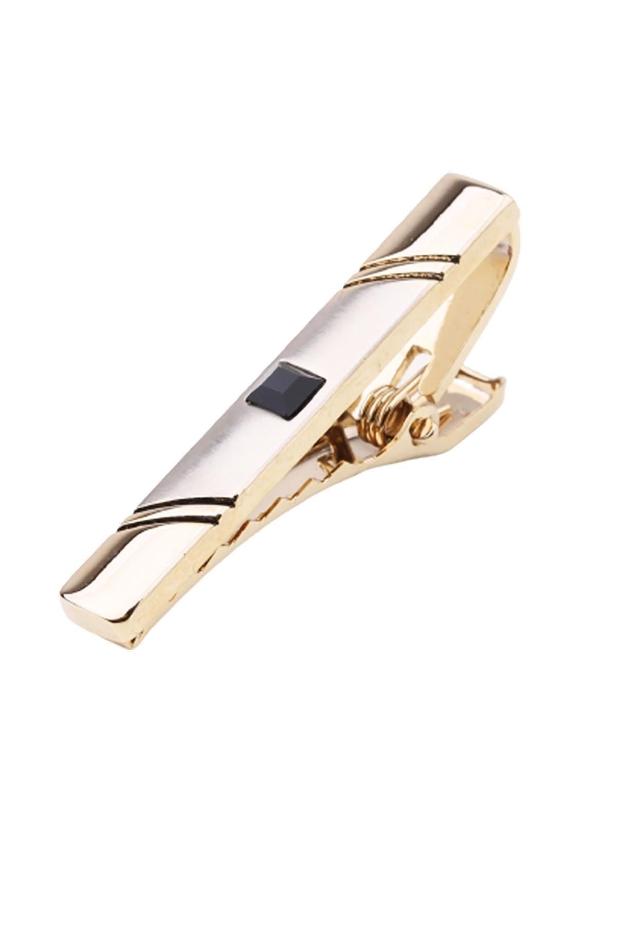  سنجاق کراوات نیمه مات طلایی رنگ با سنگ‌های مشکی Kıy436