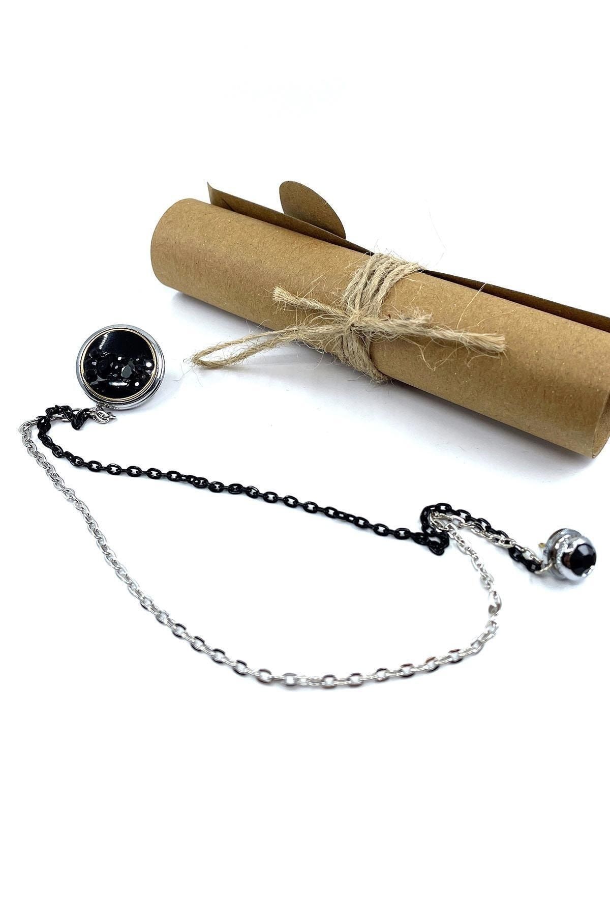  سنجاق یقه کت نقره‌ای رنگ با زنجیر سنگی مشکی Yı394