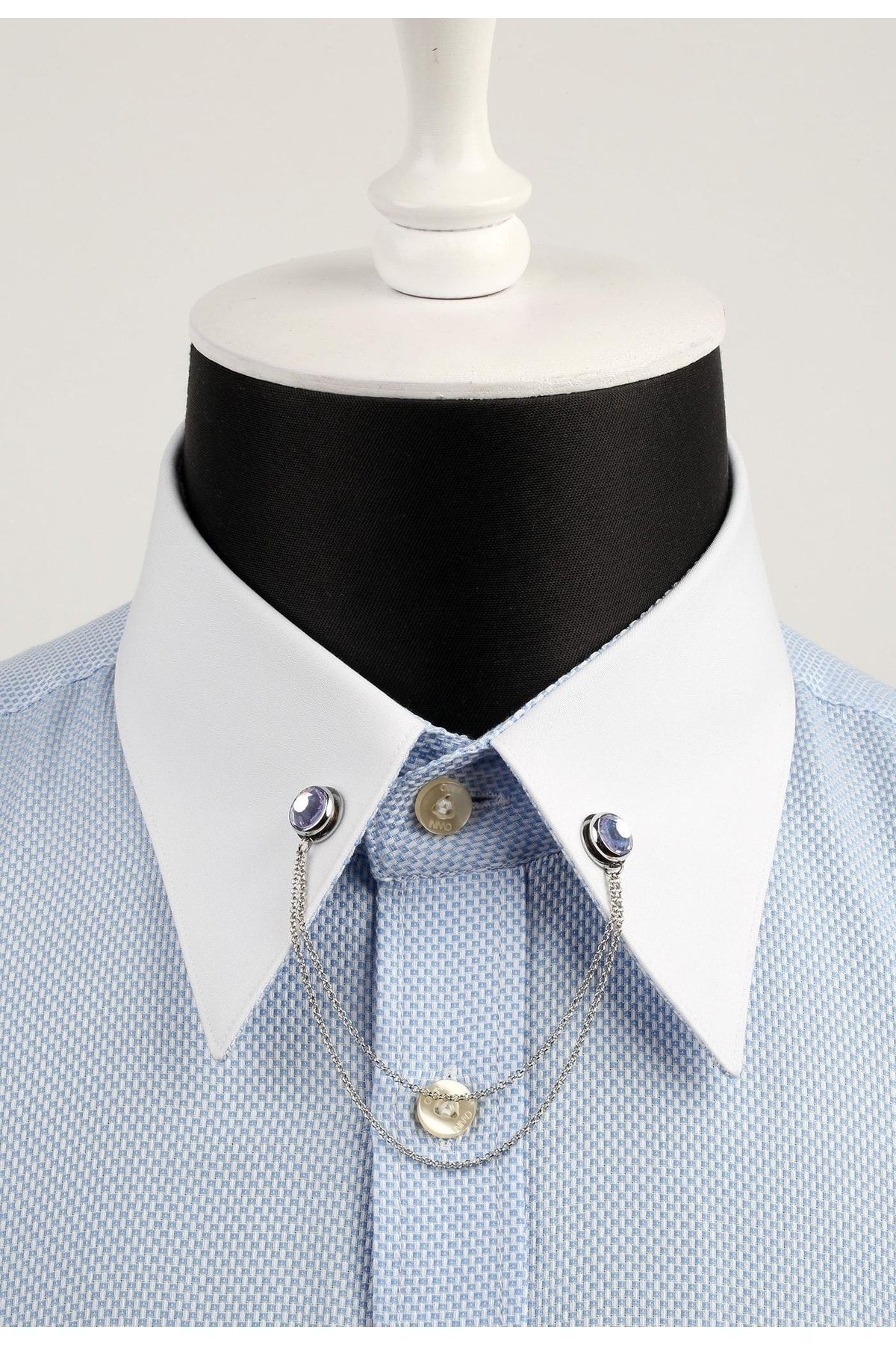  سنجاق یقه پیراهن نقره‌ای با سنگ یاسی و زنجیر GI020