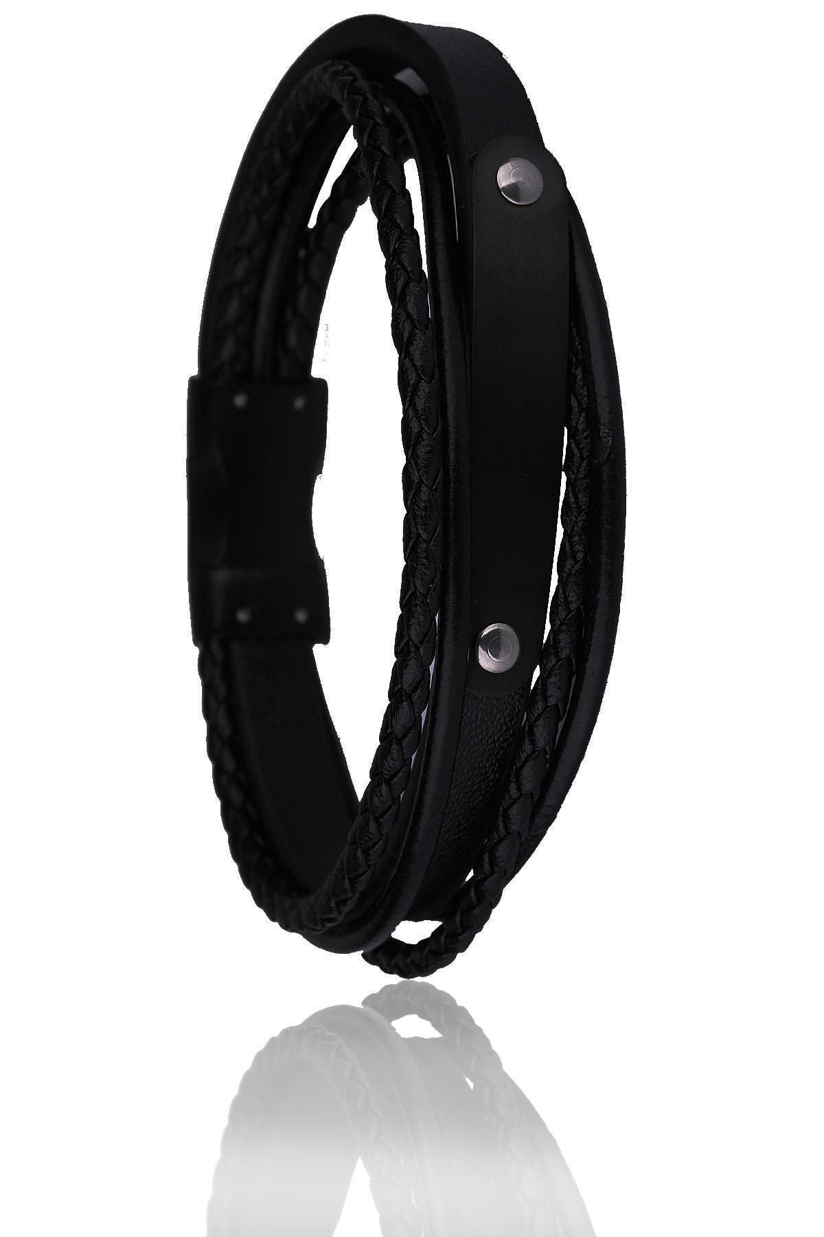  دستبند مردانه استیل چرم مشکی Blk1521