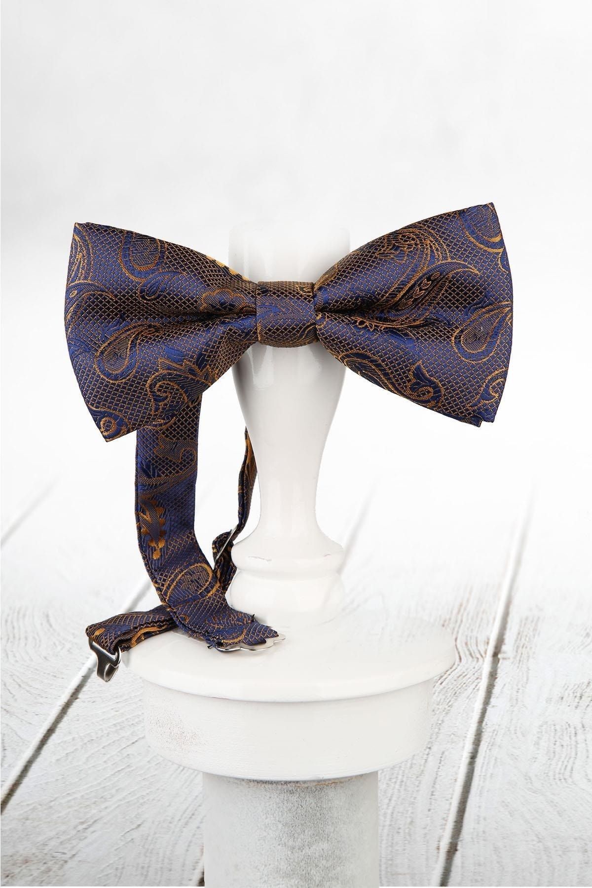  شال مردانه طرح پاپیون زرد و سرمه‌ای P846