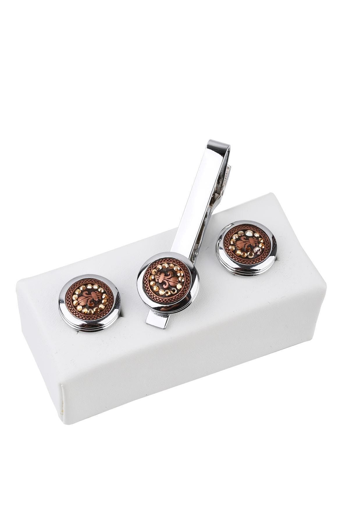 Kravatkolik Erkek Gümüş Renk Kol Düğmesi ve Kravat İğnesi Set KD973