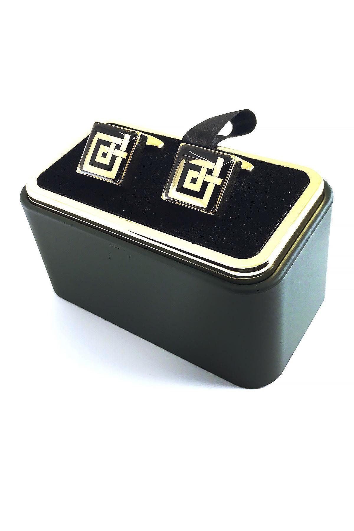  دکمه سرآستین مربع طلایی رنگ با جزئیات مشکی KD1350