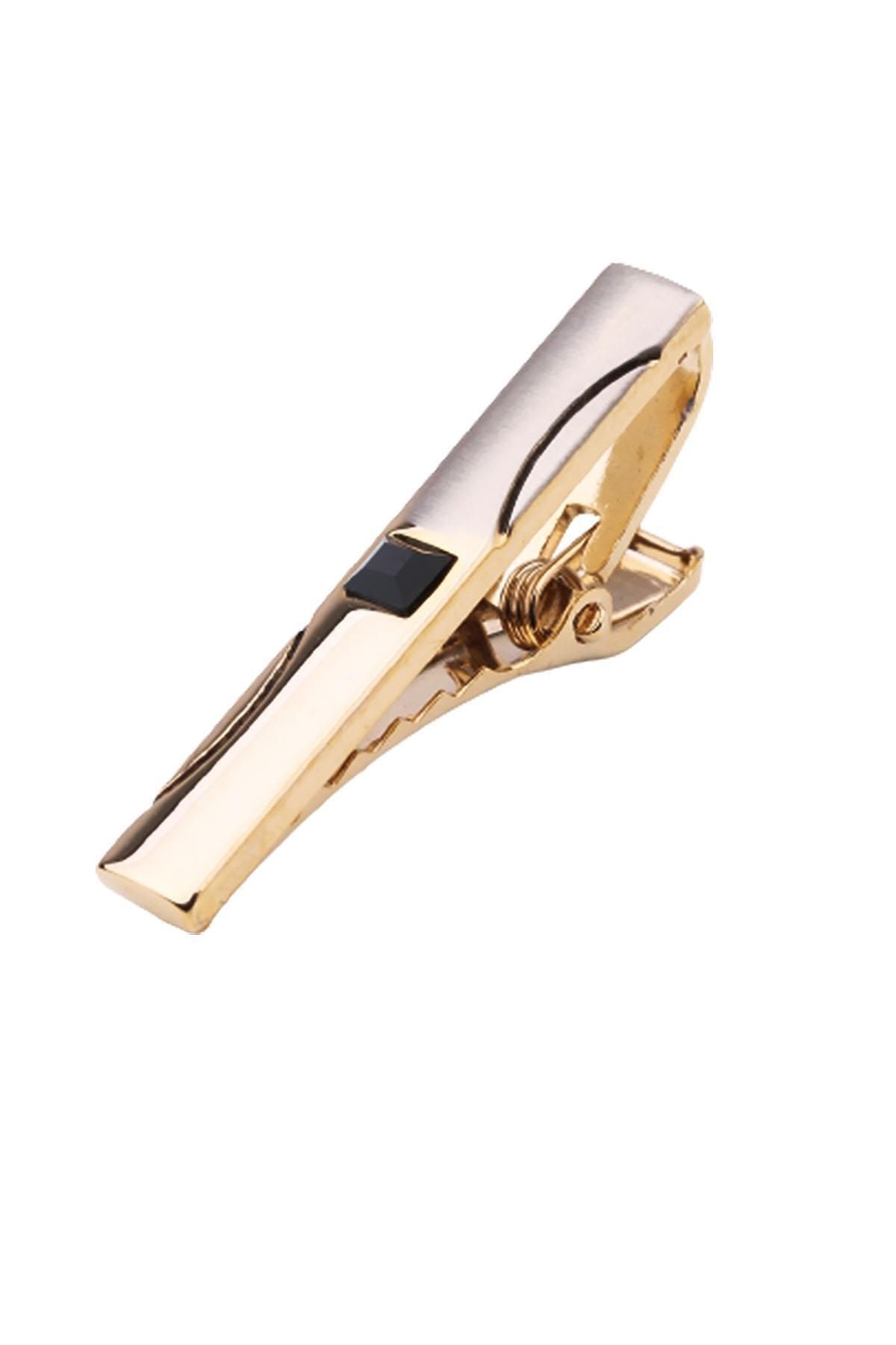  سنجاق کراوات نیمه مات طلایی رنگ با سنگ‌های مشکی Kıy507