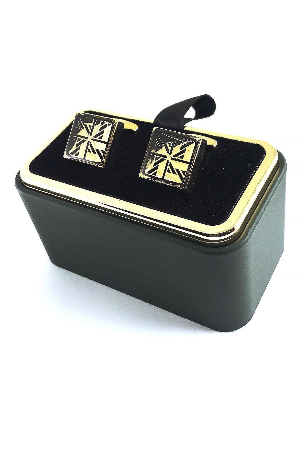  دکمه سرآستین مربعی طلایی رنگ مشکی طرح‌دار KD1393