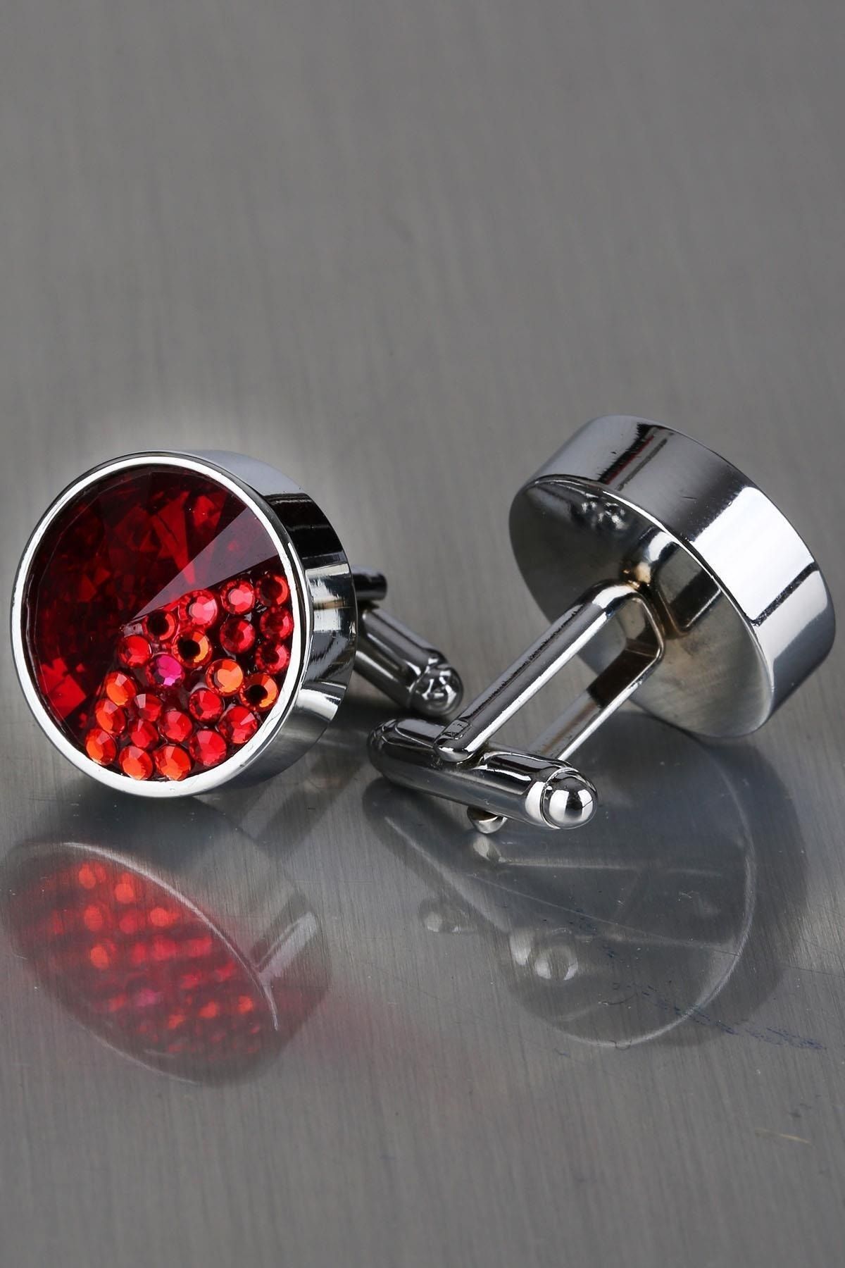  دکمه سرآستین نقره‌ای رنگی با سنگ قرمز Kd1246