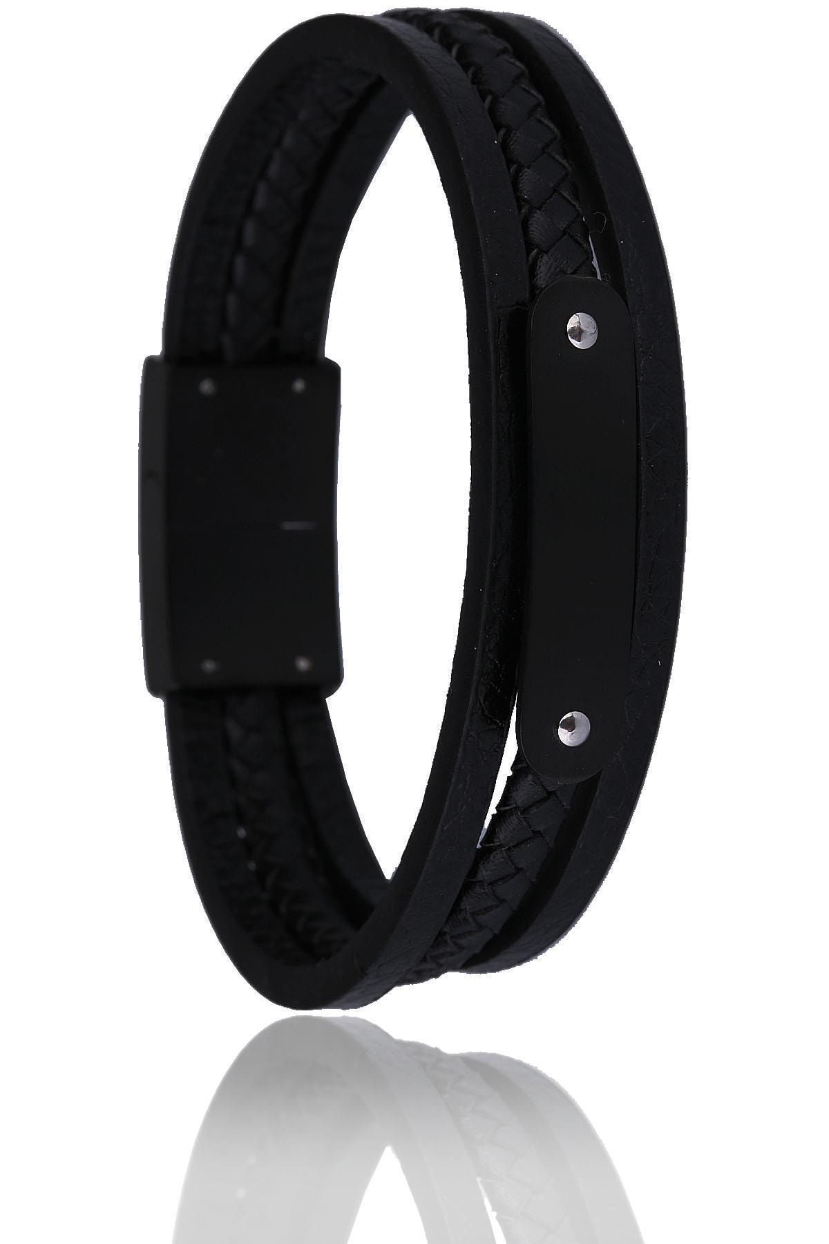  دستبند مردانه استیل چرم مشکی Blk1544