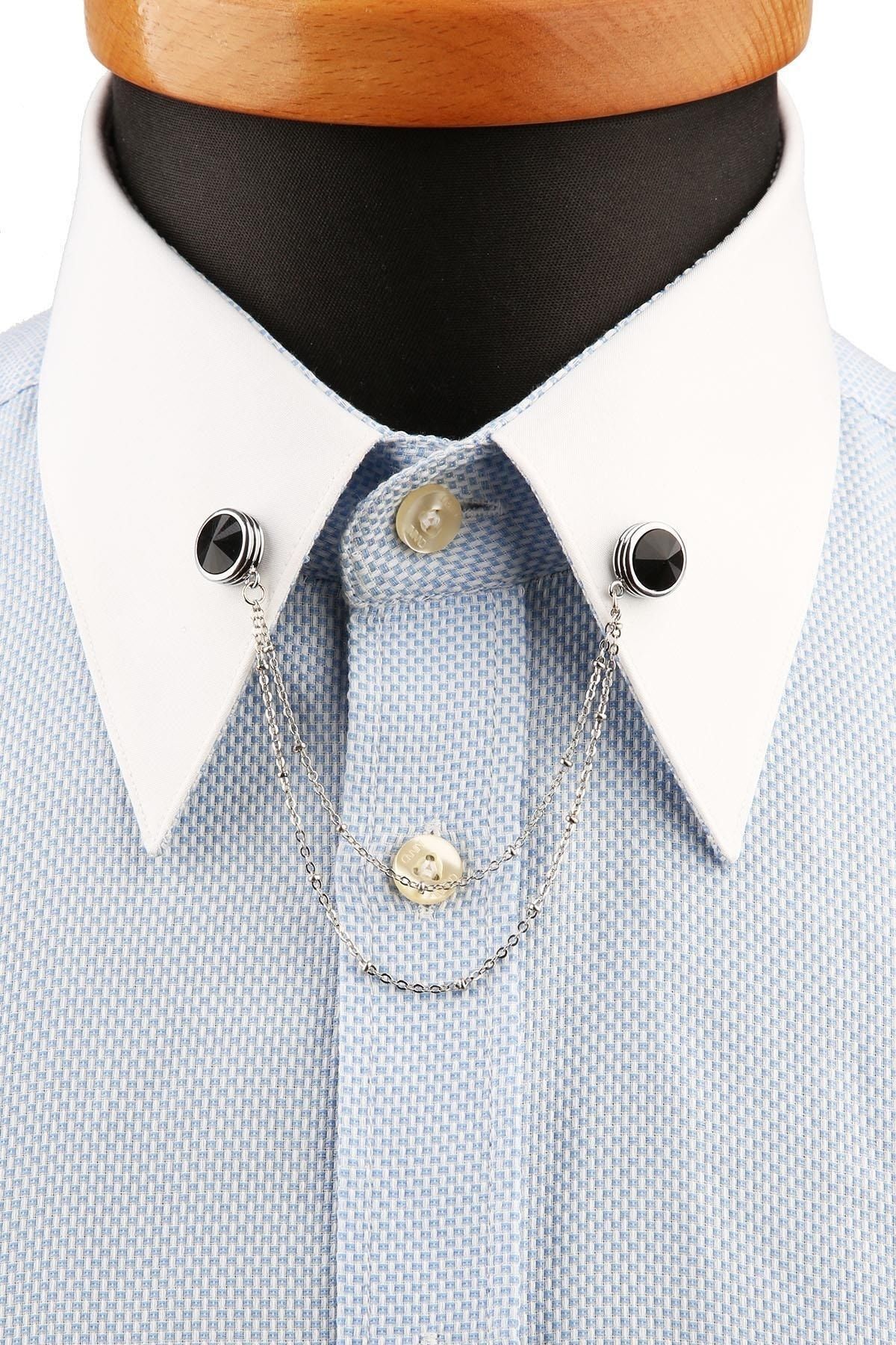  سنجاق یقه پیراهن زنجیری سنگی مشکی نقره‌ای رنگ Gı193