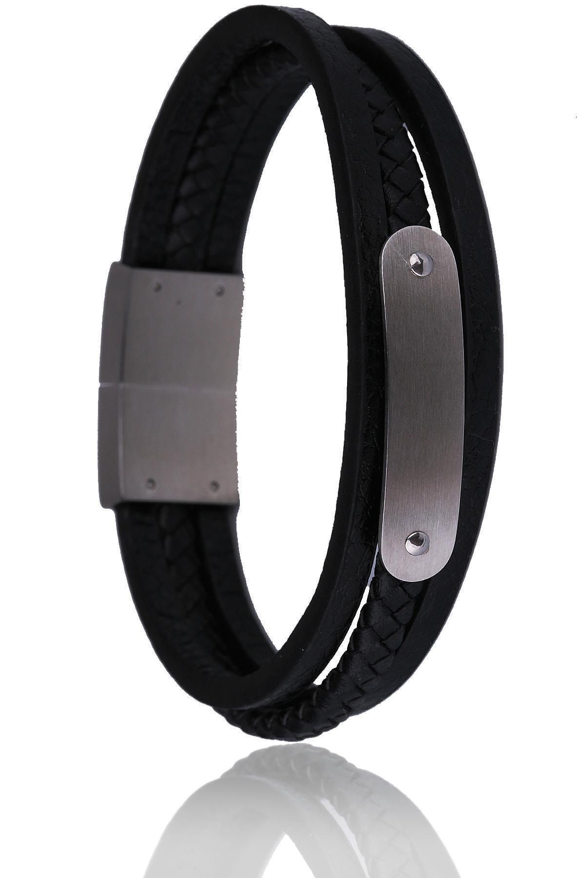  دستبند مردانه استیل چرم مشکی Blk1554