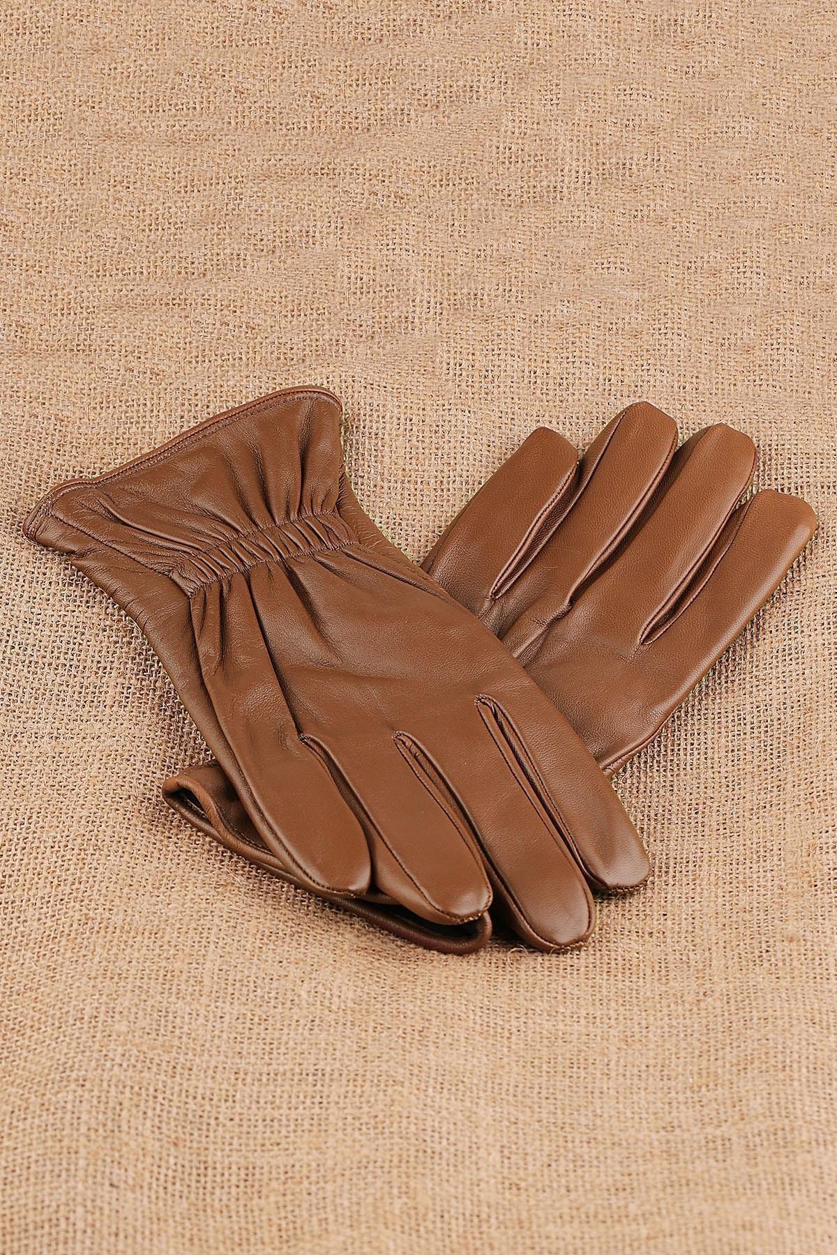  دستکش مردانه چرم ساده قهوه‌ای روشن El27