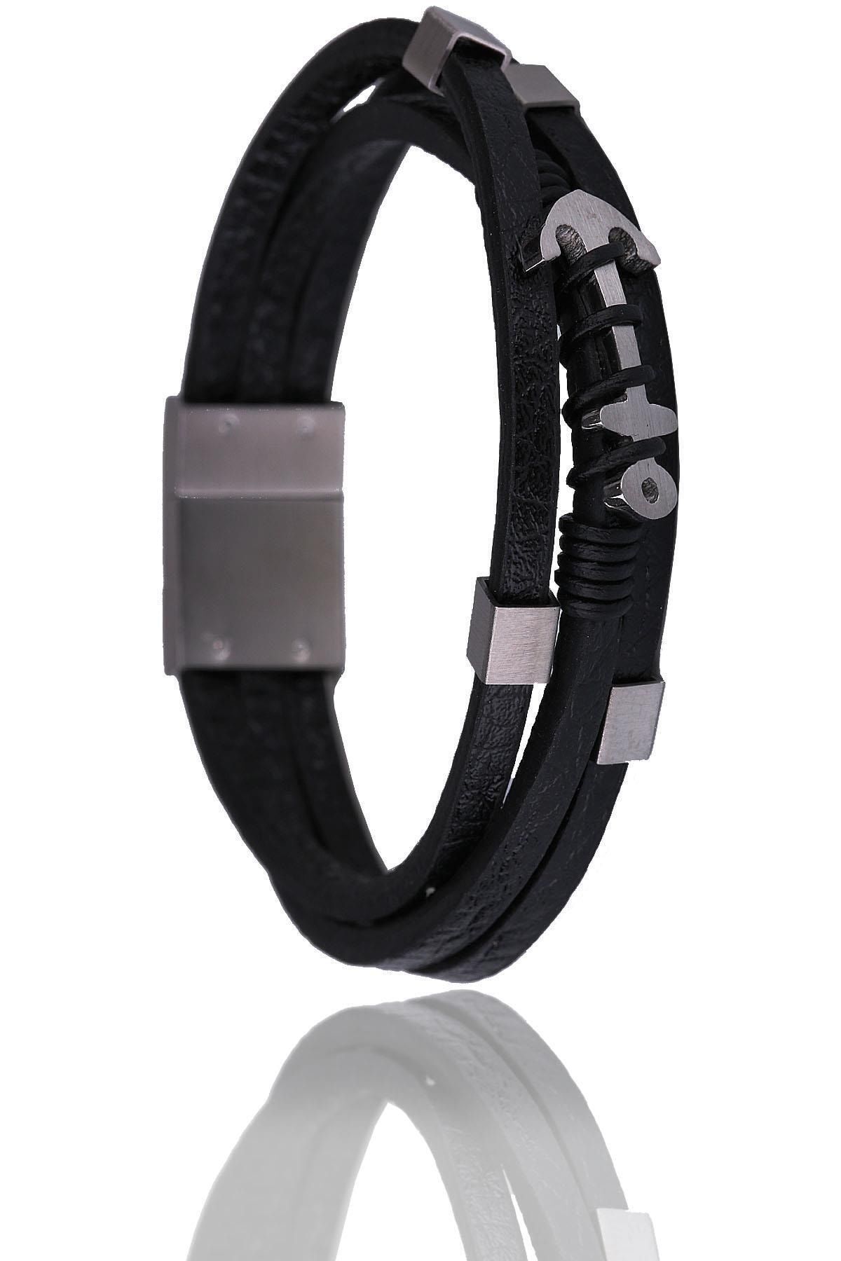  دستبند مردانه استیل چرم مشکی Blk1508