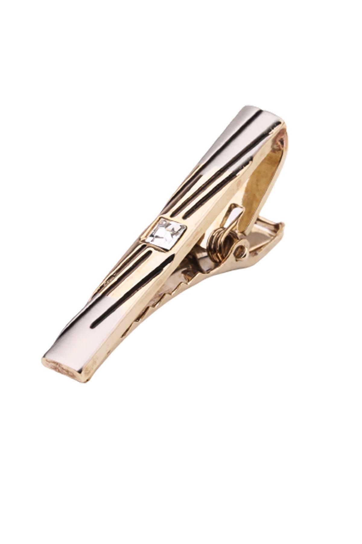  سنجاق کراوات مات طرح راه راه طلایی با سنگ های سفید Kıy562