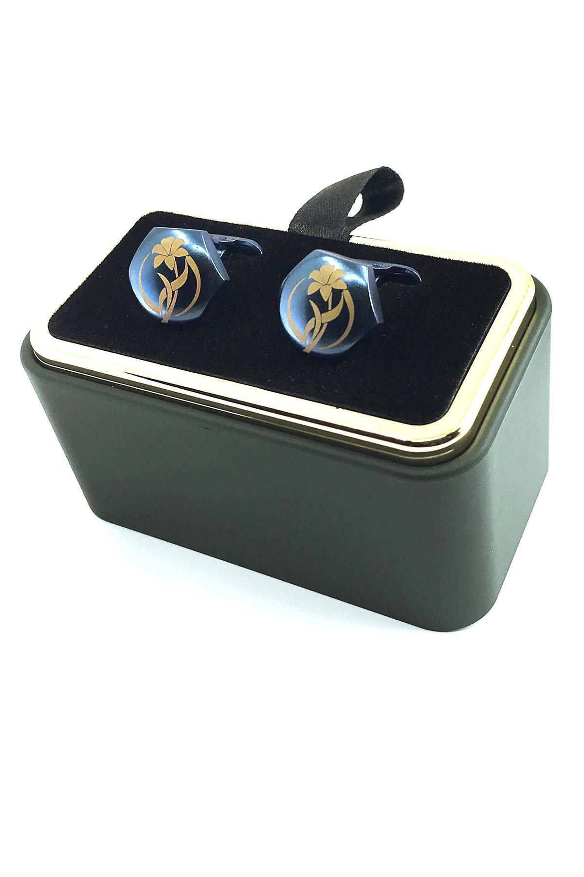  دکمه سردست طرح گل رز شش ضلعی سرمه‌ای KD1607