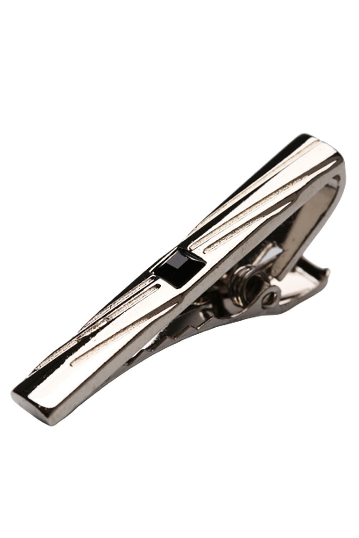  سنجاق کراوات نقره‌ای با سنگ‌های مشکی Kıy315