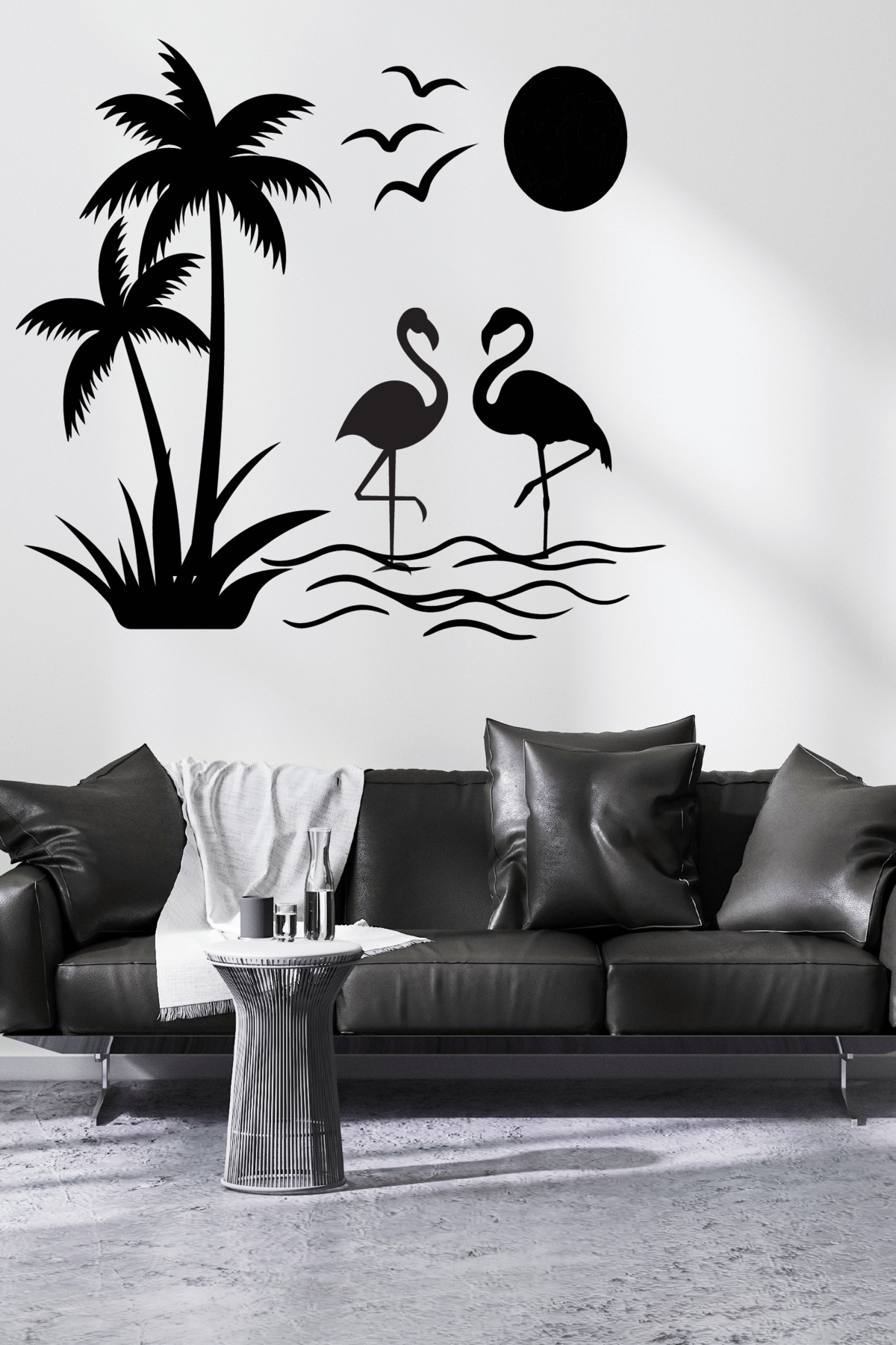Black White Palm Flamingo Bird & Sun Themed Kids Room Wall Sticker Set Wall Decal