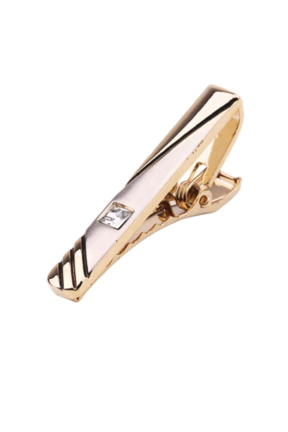  سنجاق کراوات طرح راه راه طلایی با سنگ های سفید Kıy563