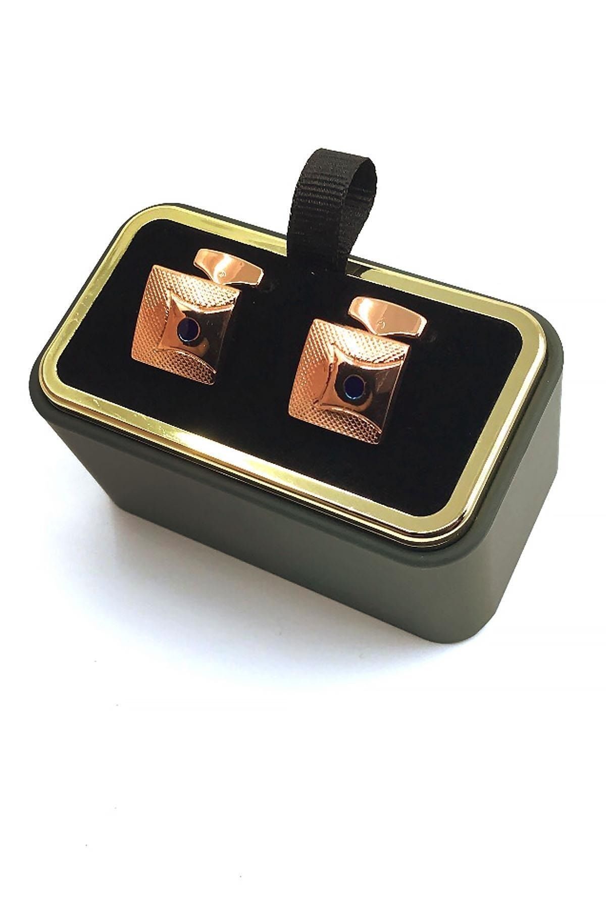  دکمه سرآستین مربعی طلایی کاراملی مردانه KD800