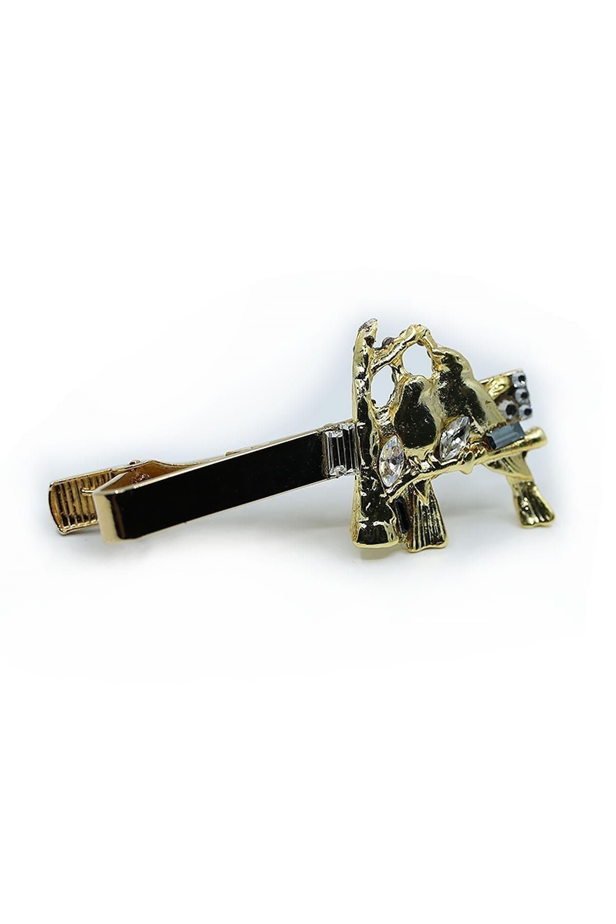  سنجاق کراوات طرح پرنده دوتایی طلایی رنگ با سنگ تزیین شده KIY726