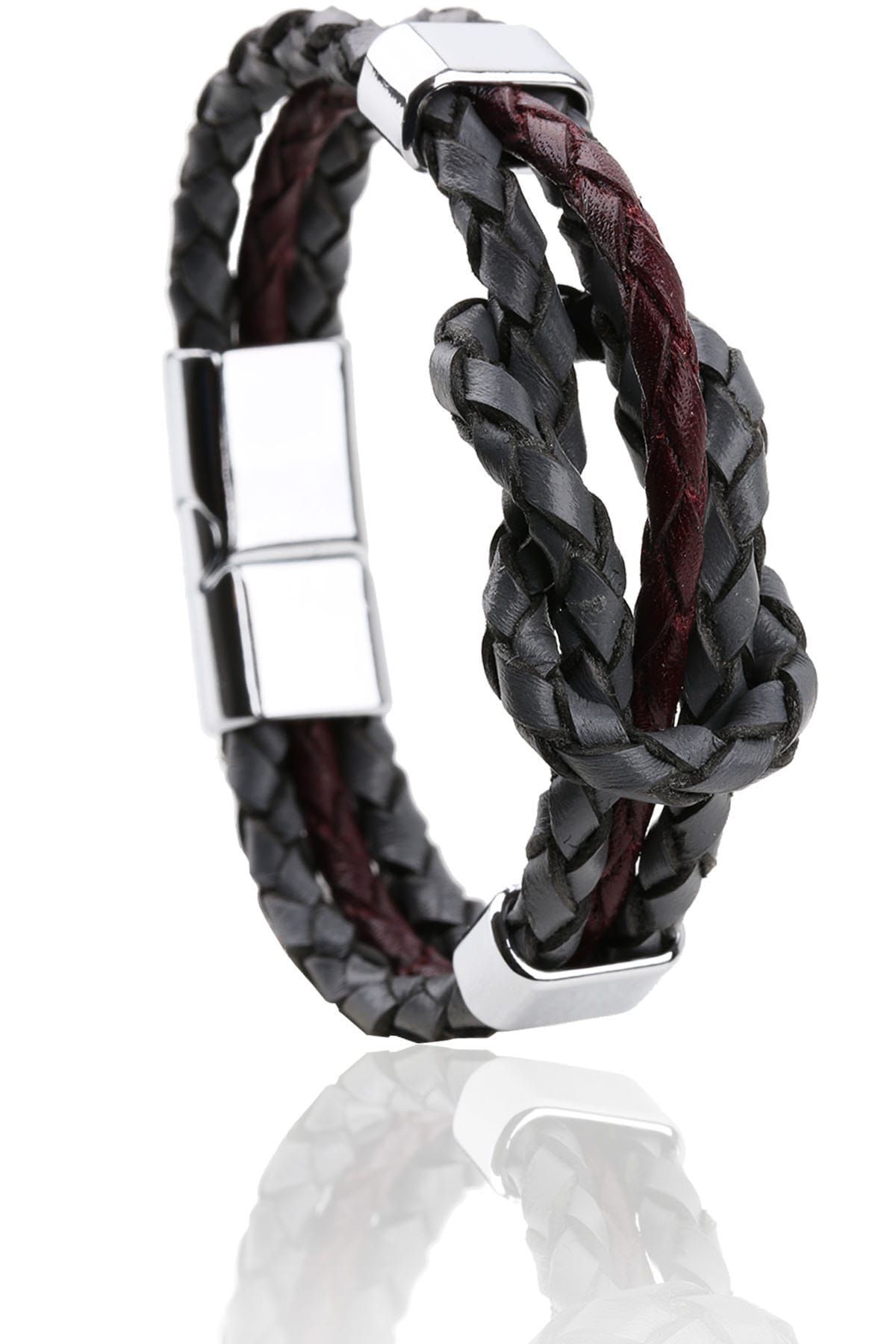  دستبند مردانه استیل چرمی خاکستری - زرشکی BLK1425 KRVT8690002222577