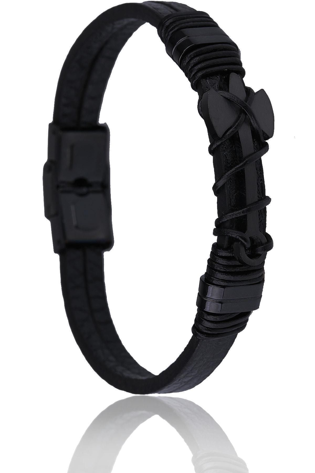  دستبند مردانه استیل چرم مشکی Blk1563