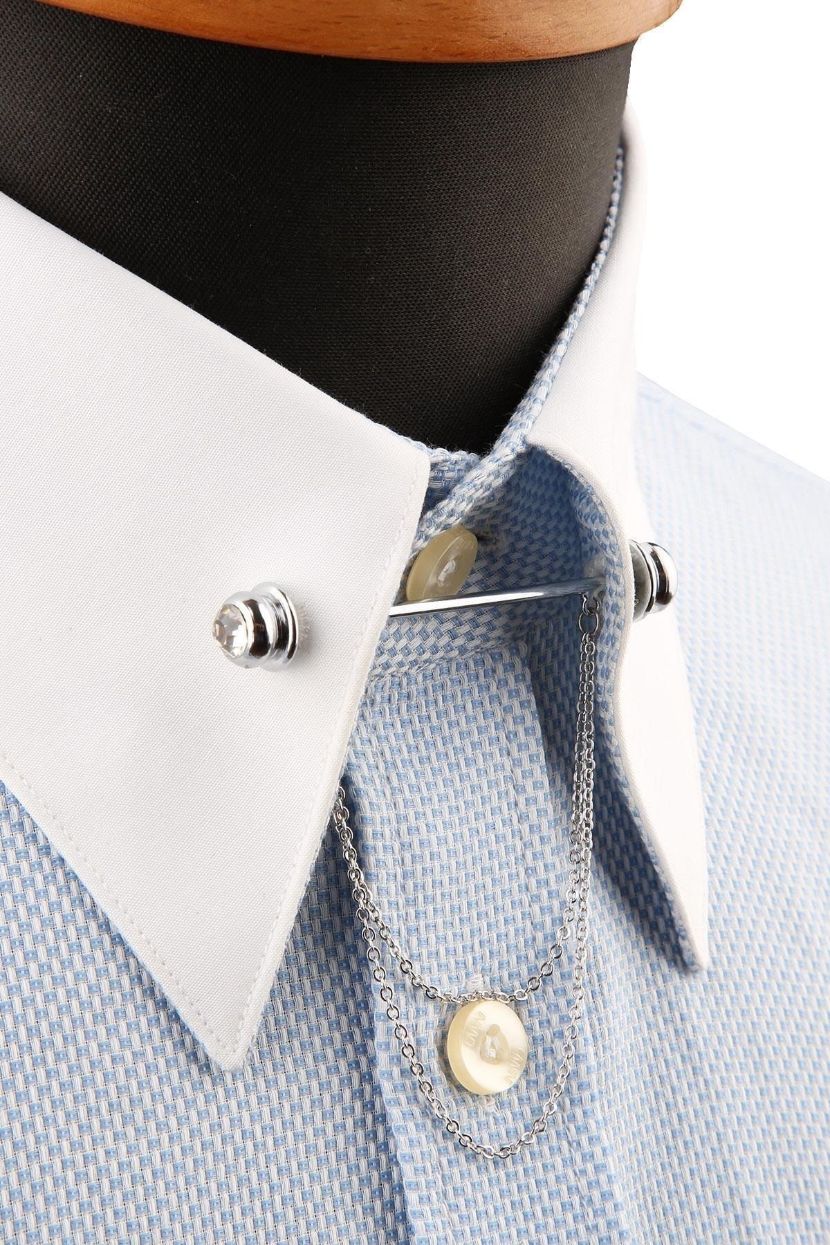 Kravatkolik Beyaz Taşlı Zincirli Gömlek Yaka İğnesi Gı209