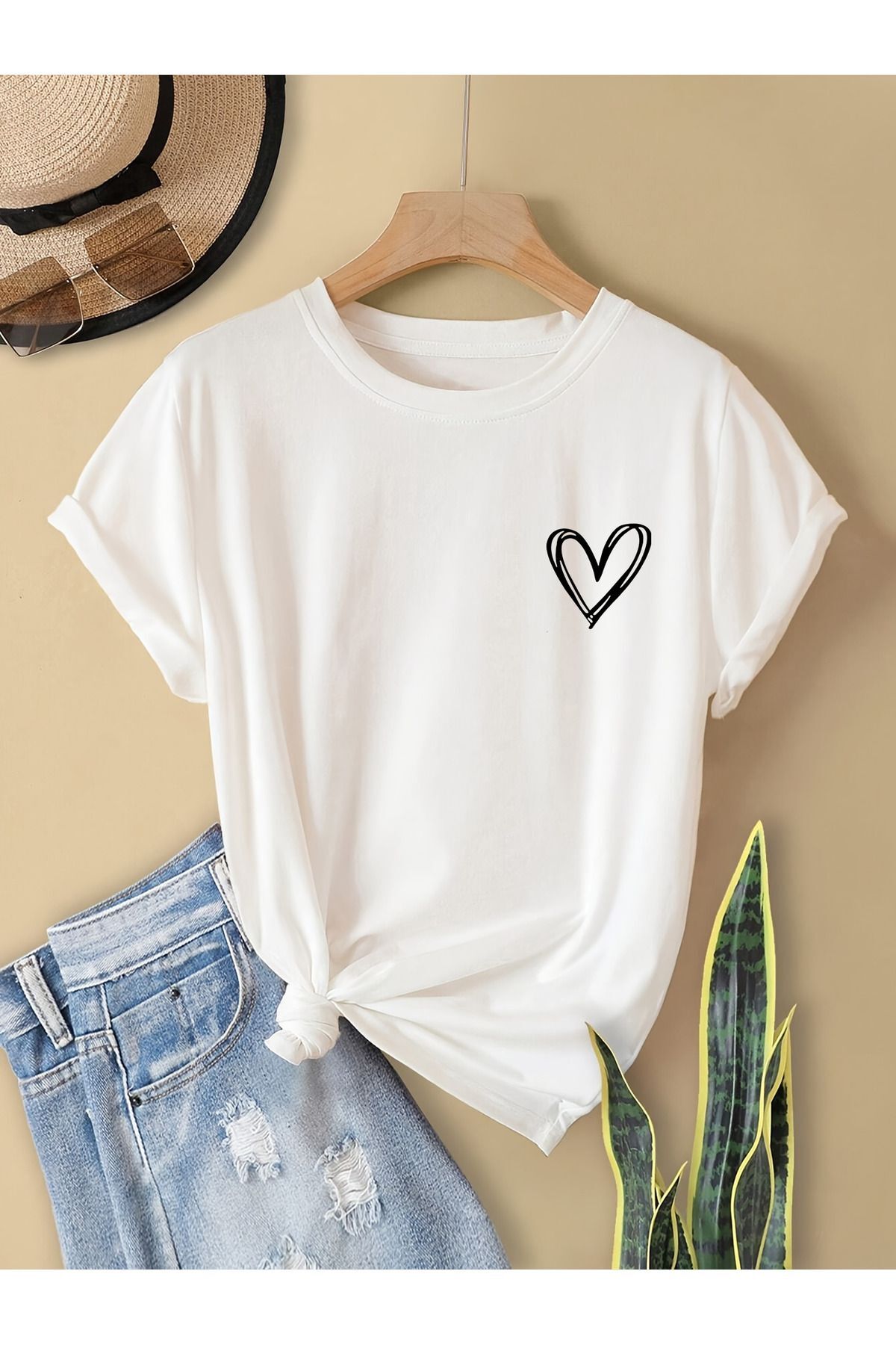 Heart Printed Crew Neck Premium Women's T-Shirt