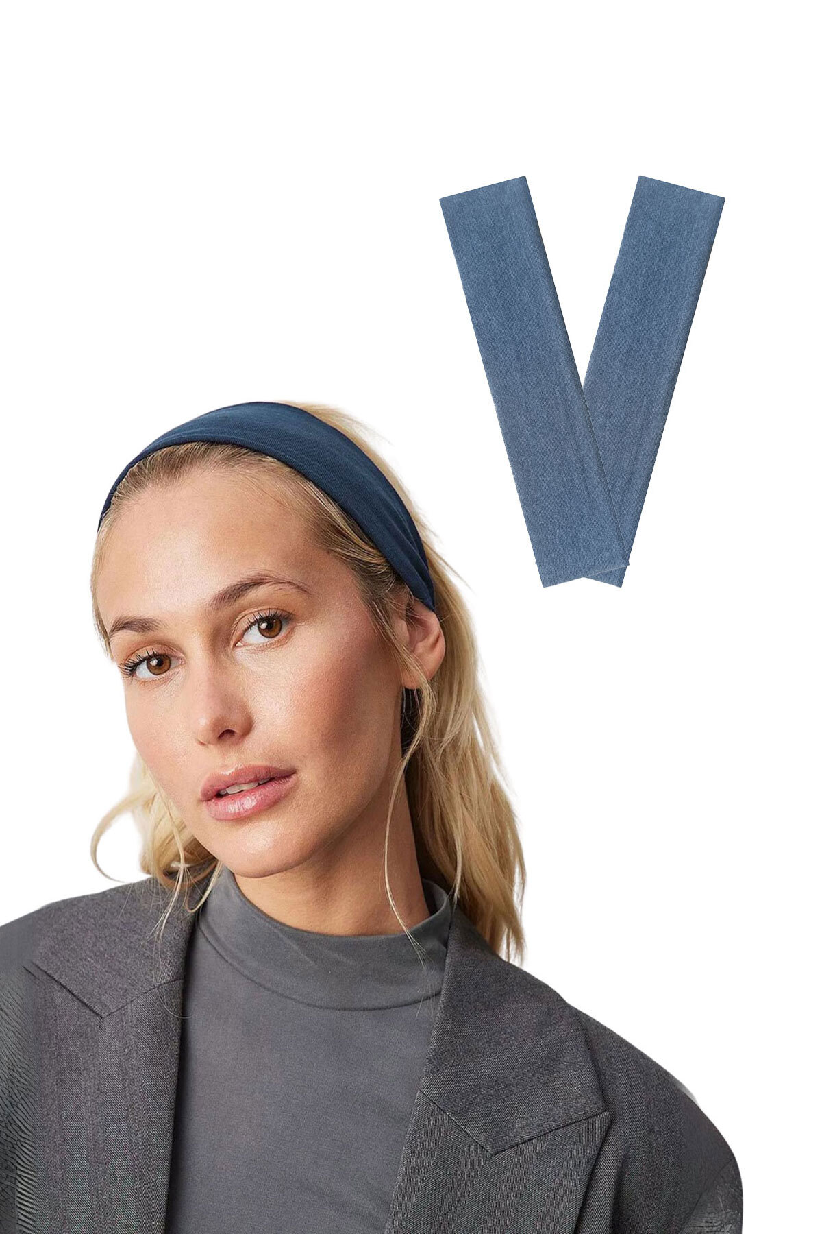 2-Piece Sports Cotton Stretch Bandana Running Gym Yoga Pilates Sports Headband Set Indigo Melange