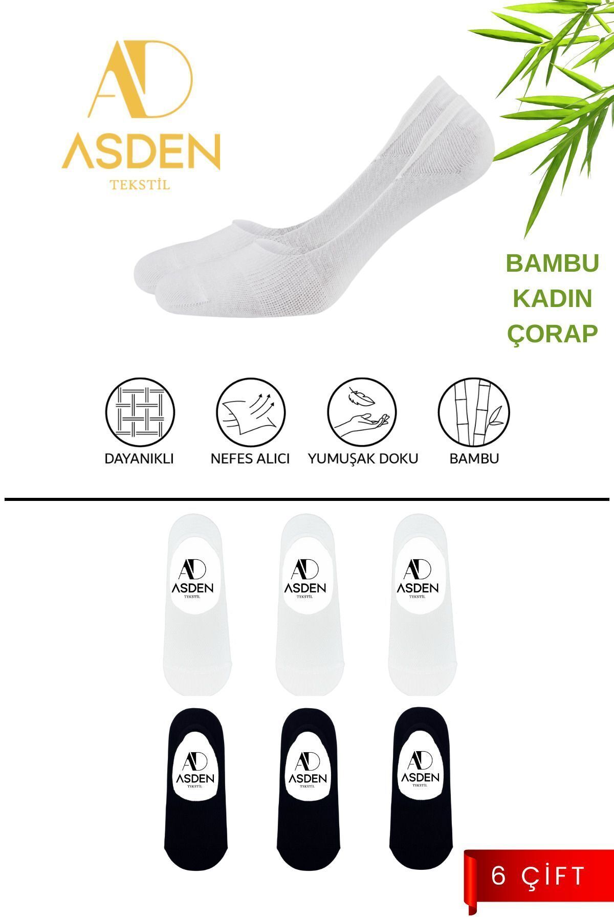 Bamboo Women's Flat Socks 3 Black 3 White 6-Pack, Seamless, Non-Slip Silicone Heel