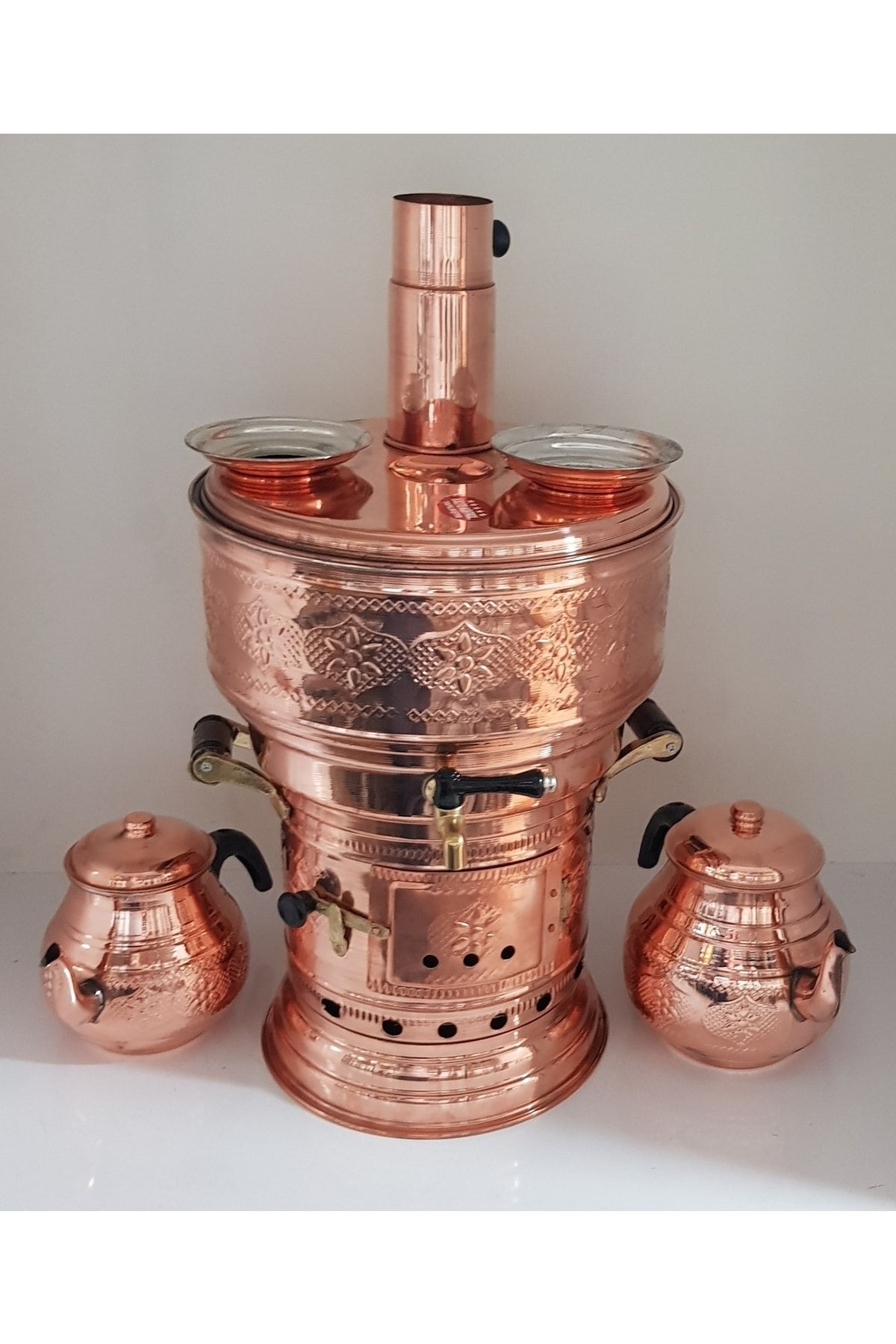 Bakır Çift Demlikli Kömürlü Semaver 8 Lt+1,5 Lt+2 Lt 4