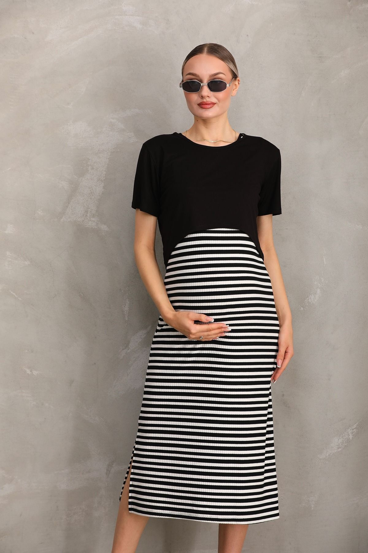 Miss Dünya Lissa  Kısa Kol Çizgilli Fitilli Kaşkorse Hamile ve Lohusa Tişört Elbise Takımı - Görsel 4