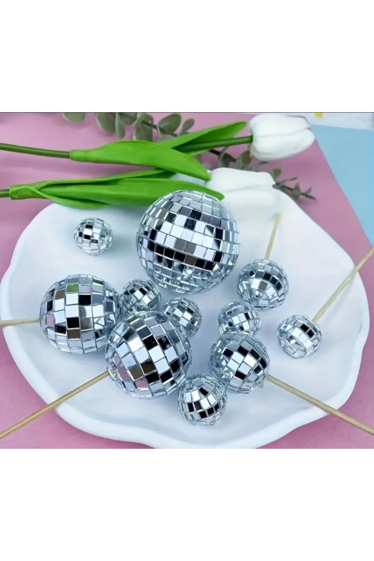 bizdenpastacılık-Disco Ball Cake Decoration 3 cm 4 Pieces Mirror Garbage Skewers Installed 6