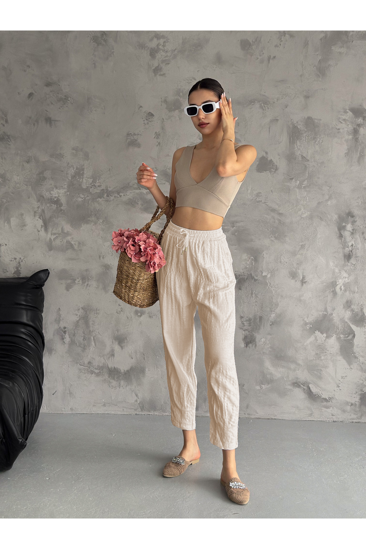 Beige High Waist Leg Detail Summer Linen Pants