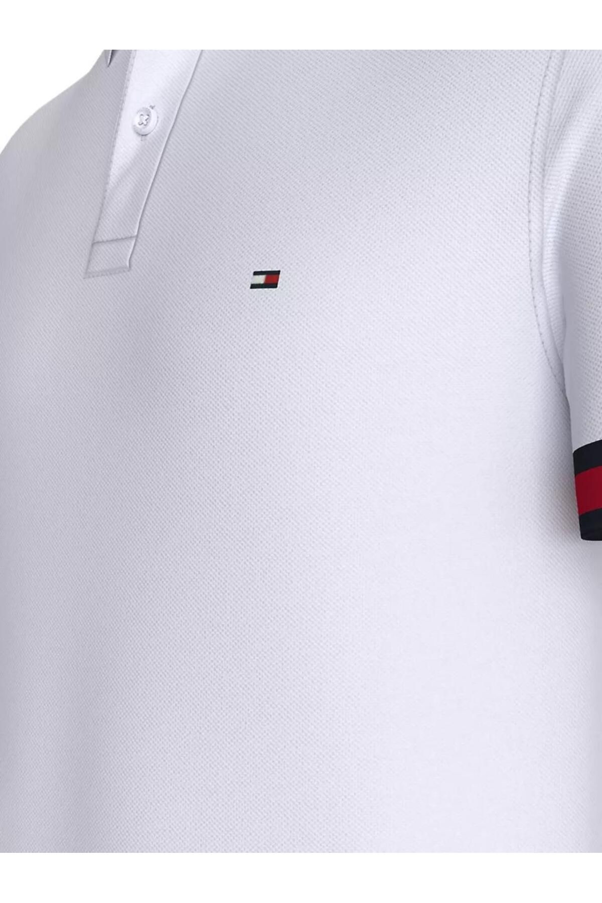 تی شرت یقه پولو سفید مردانه پرچم دکمه دار اورجینال Tommy Hilfiger