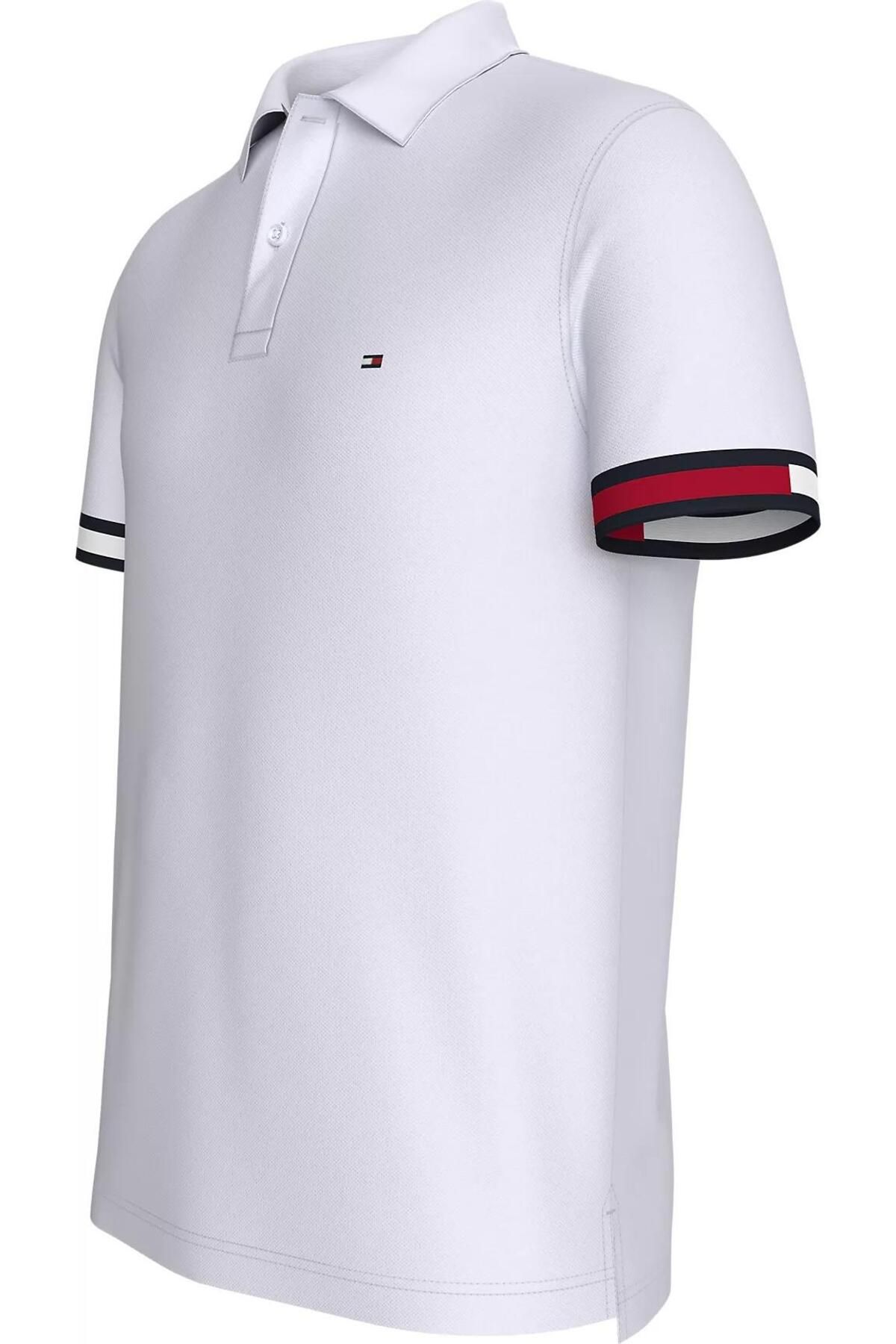 تی شرت یقه پولو سفید مردانه پرچم دکمه دار اورجینال Tommy Hilfiger