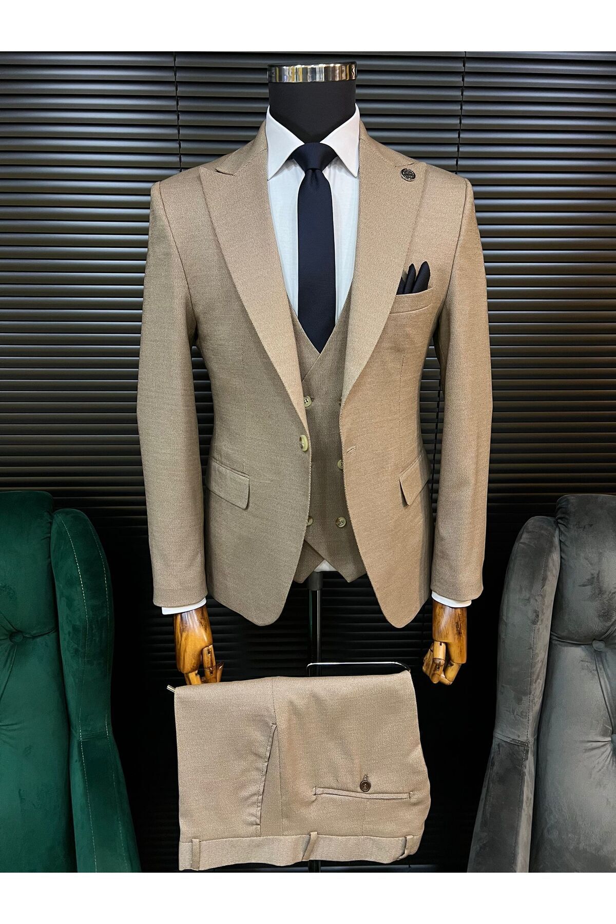 Terziayhan  Bej 3 Düğme Yelekli Slimfit Kemik Düğme Takım Elbise