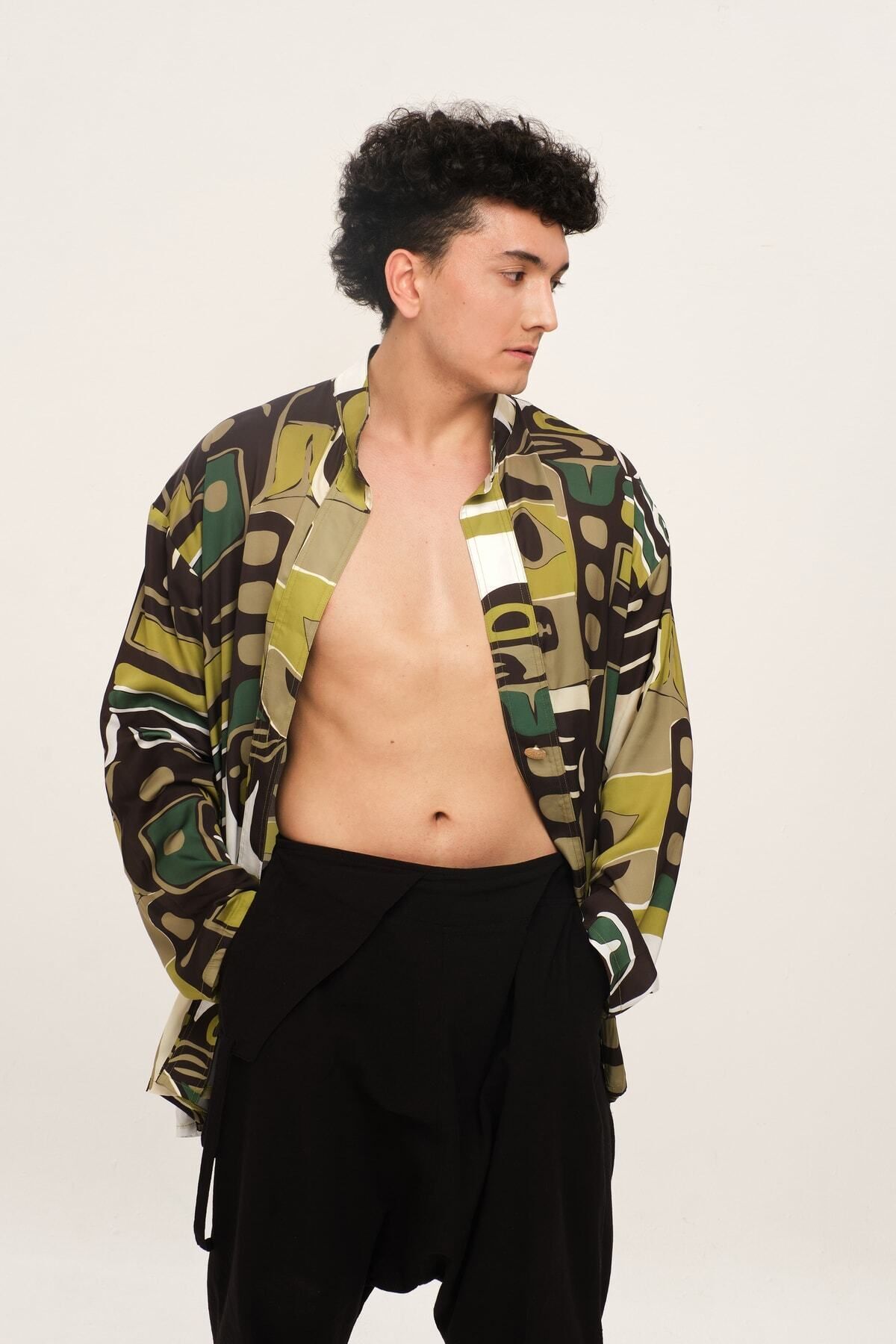 Eda Taşpınar-Chaos Men's Green Patterned Single Button Oversize Shirt 5